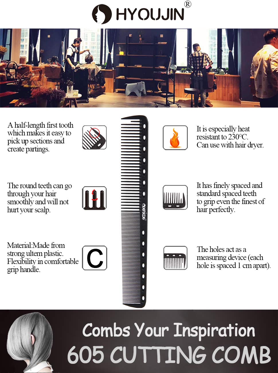 HYOUJIN 605 Black Carbon Fine Cutting Comb 230 Heat Resistant Hairdressing Comb Master Barber Comb with fine tooth-14 holes for cutting and hairstyling