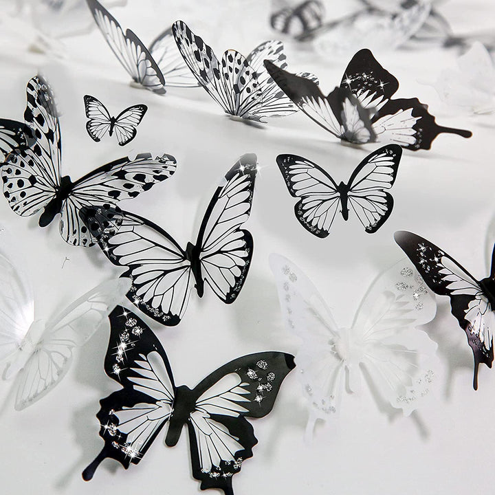 36 PCS 3D Colorful Crystal Butterfly Wall Stickers with Adhesive Art Decal Satin Paper Butterflies Baby Kids Bedroom Home DIY Decor Removable Sticker (Black and White)