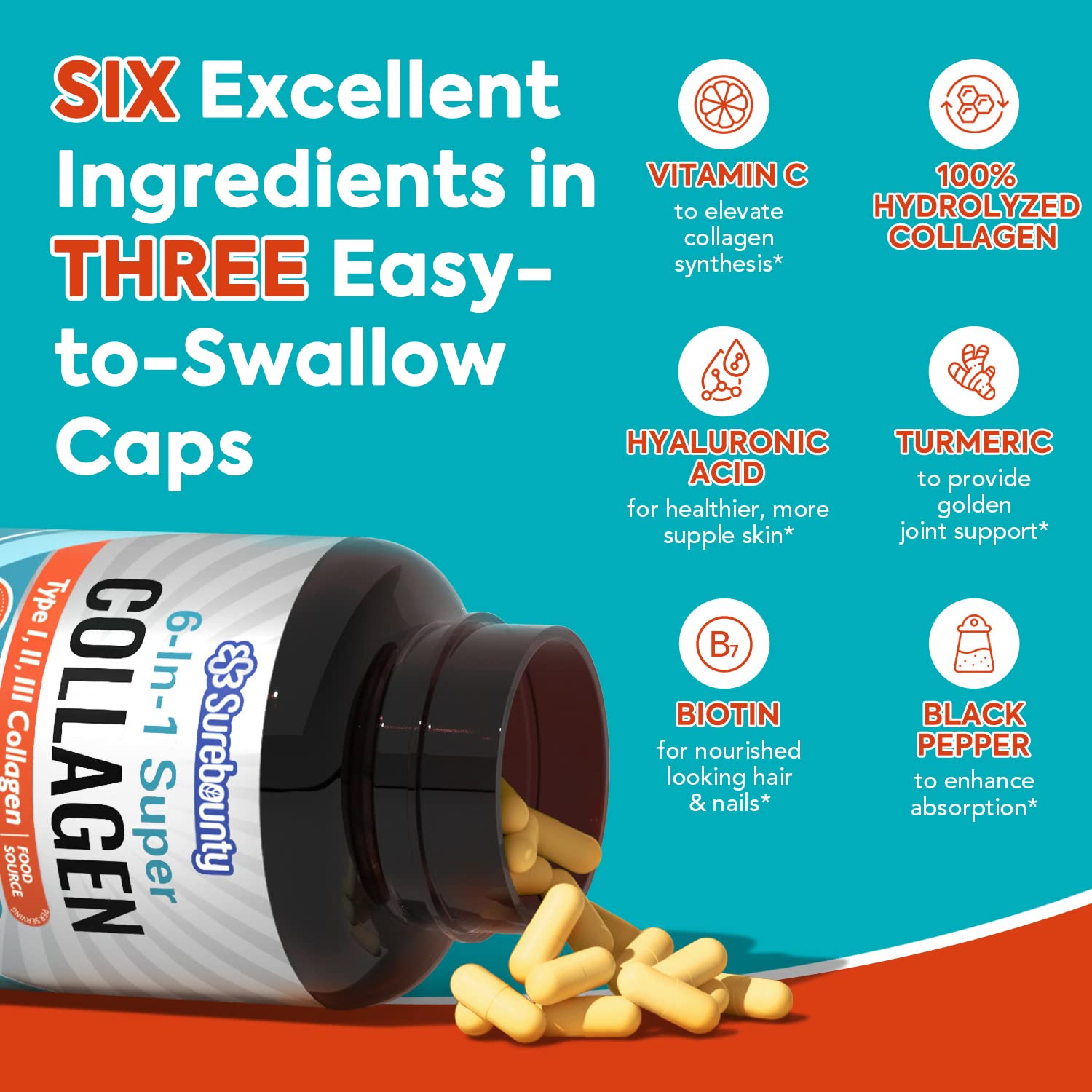 Surebounty Multi Collagen Complex, Type I, II, III, 6-in-1 Super Collagen with Vitamin C, Hyaluronic Acid, Biotin, Turmeric, Black Pepper, Keto, 90 Capsules