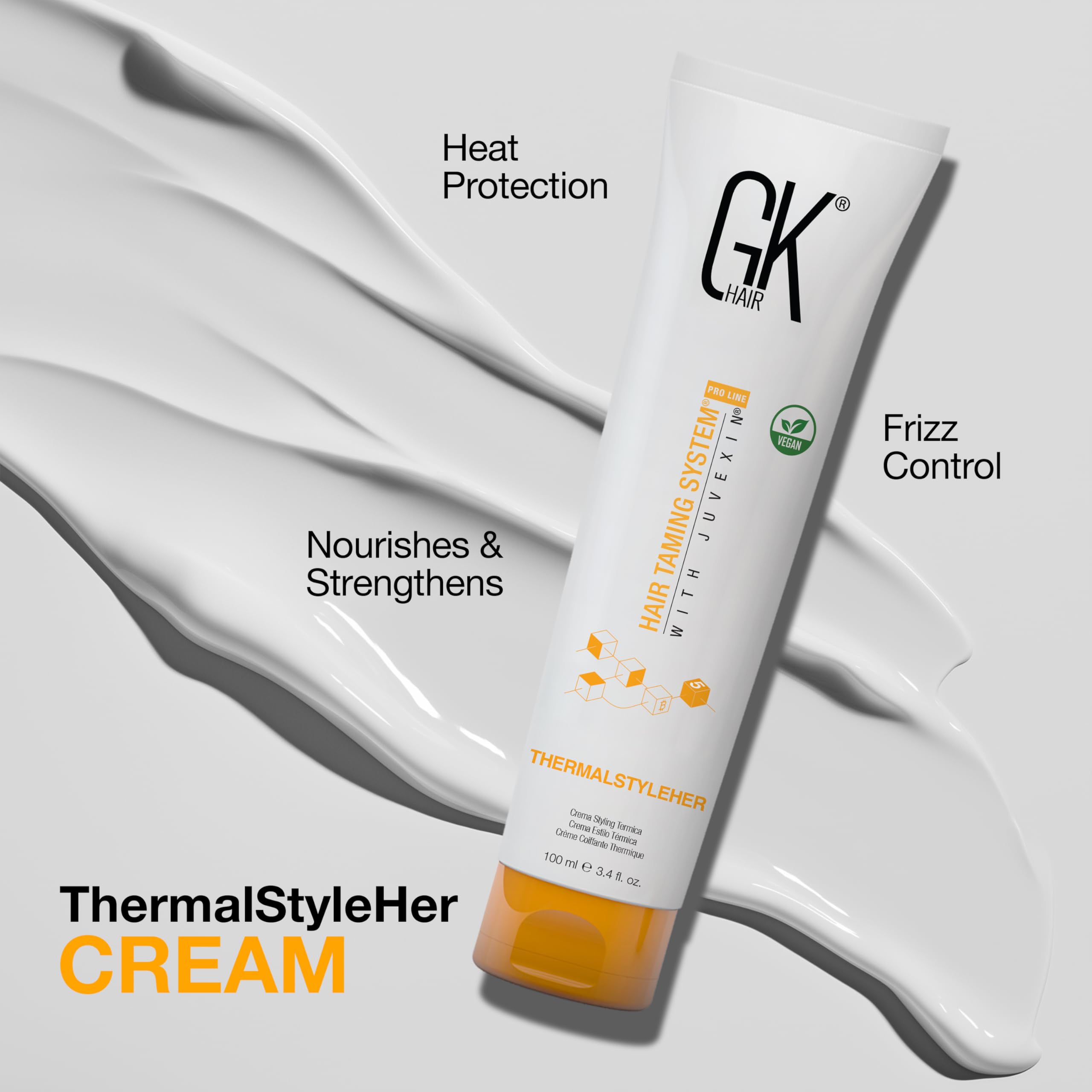 GK HAIR Global Keratin ThermalStyleHer Hair Cream (3.4 Fl Oz/100ml) - Thermal Styling Blow Dry Heat Protectant Cream - Anti Frizz Damage Protection Styling Cream for All Hair Types
