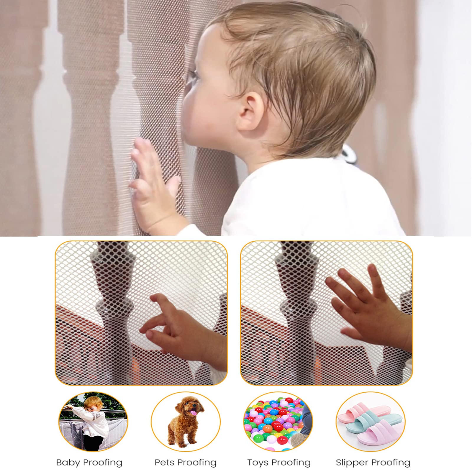 Baby Balcony Safety Mesh Net,Banister Stairs Guard Protective Net for Kids Toys Pets,Stairway Rail Net 9.8ft x 2.5ft (2 Pack, White)
