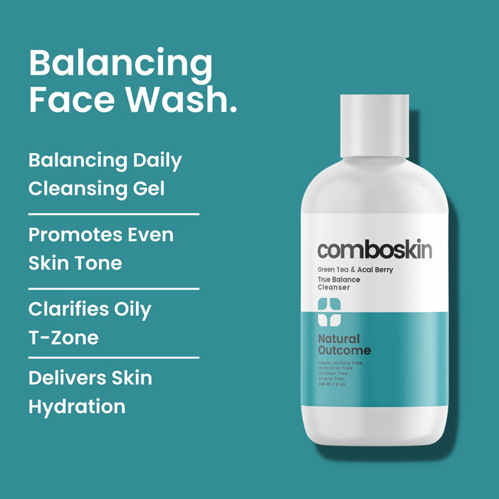 natural outcome Combination Skin True Balance Facial Cleanser Green Tea & Acai Berry | Face Wash and Cleansing Gel for Men & Women | Cruelty Free | 8 oz