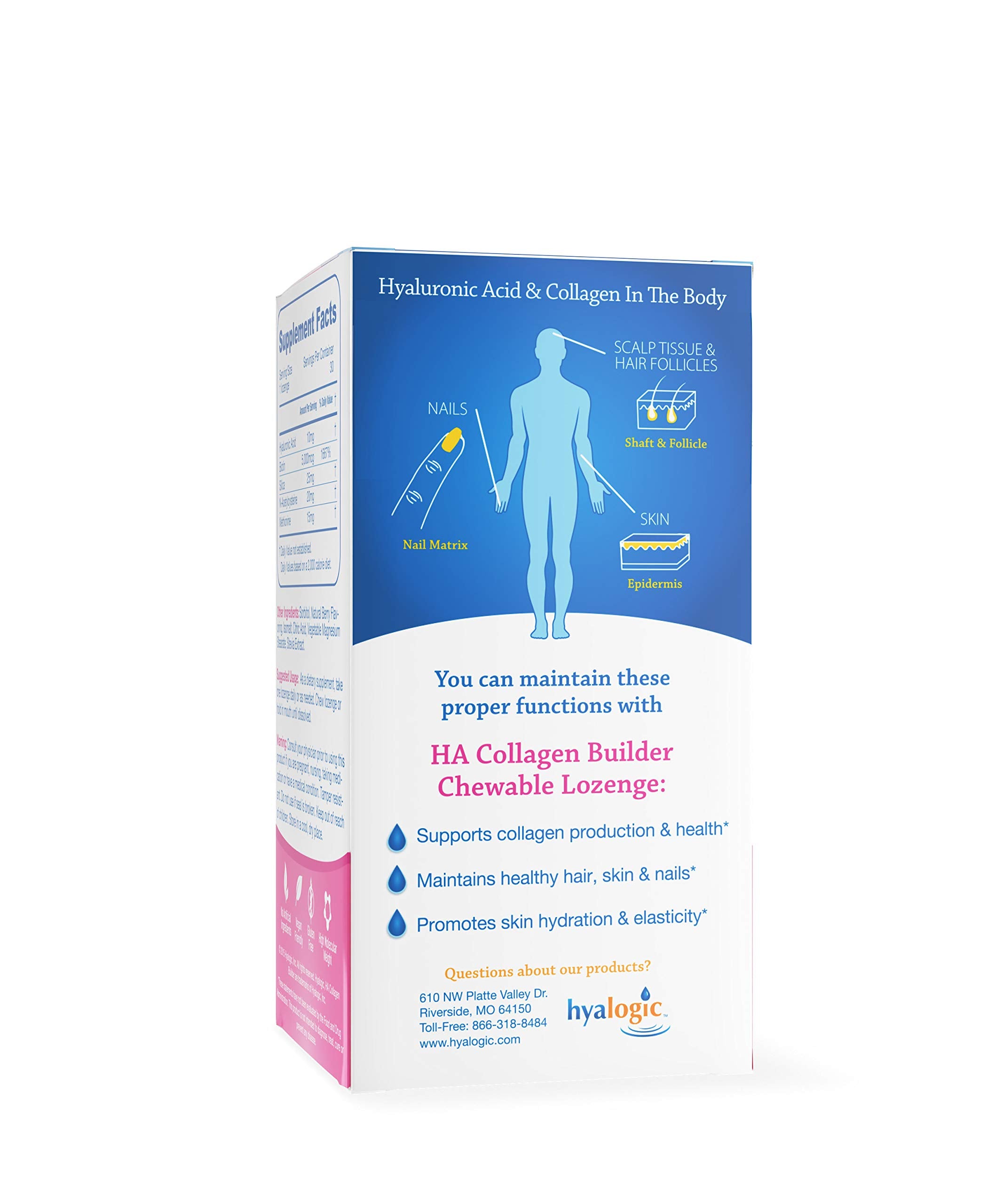 Hyalogic Hair Skin & Nails Hyaluronic Acid Collagen Builder – Delicious Berry Flavored Collagen Boost Chewable Lozenges – Sugar Free Vegan Collagen Ideal to Enhance Your Natural Beauty – 30 Count