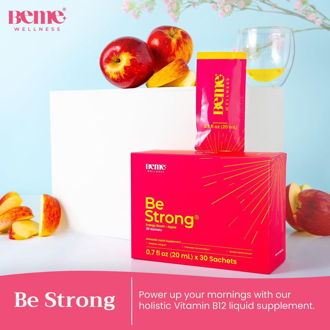BeMe Vitamin B12 Liquid Shot, BeStrong - Vitamin B 12 Drinkable Liquid Supplement Supports Energy Boost, Focus, & Concentration - Guarana, Taurine, & Collagen Supplements Promote Recovery (30 Sachets)