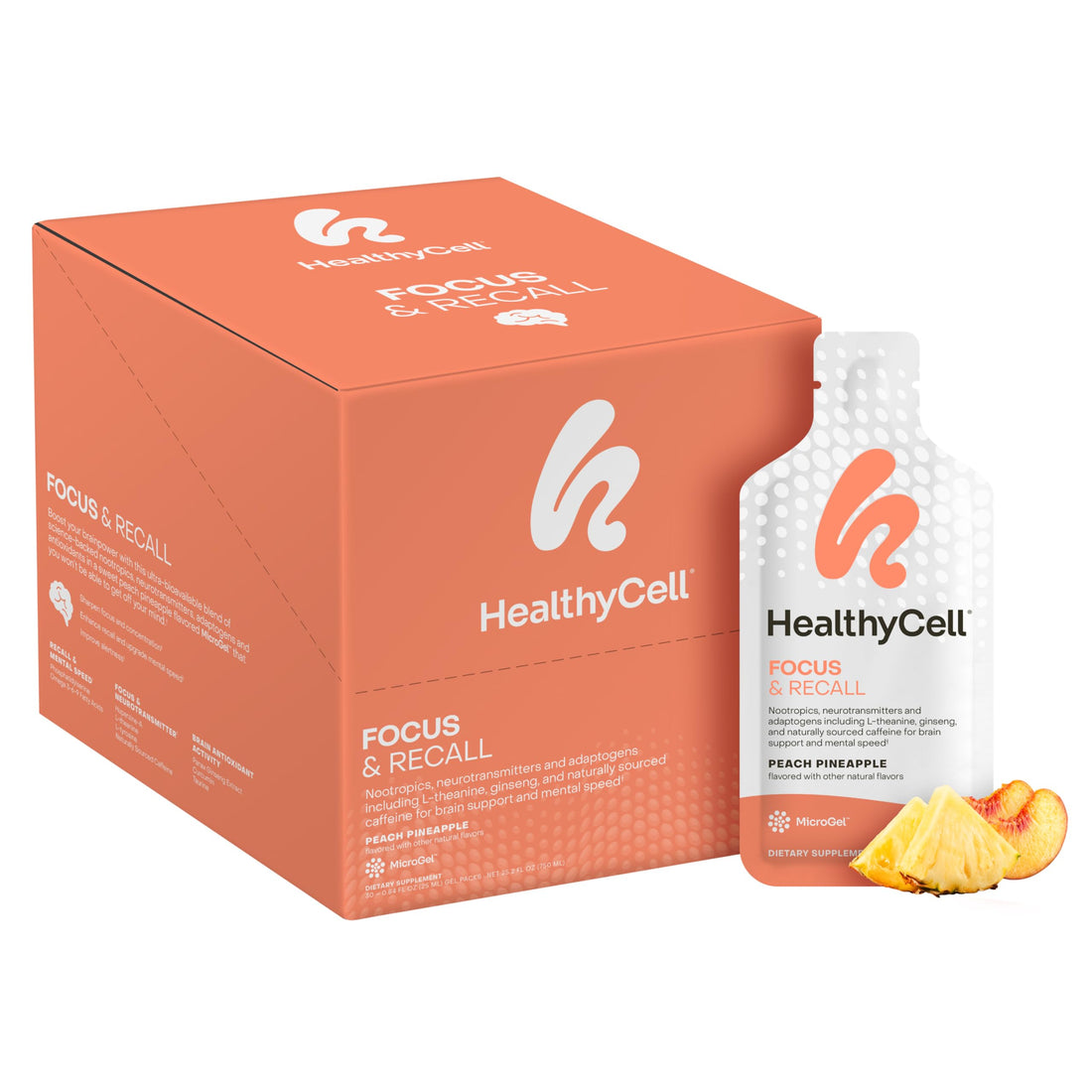 Healthycell Focus & Recall - Brain Supplement for Focus and Memory - Liquid Nootropics Supplement for Concentration & Alertness - L-theanine, Omega-3 - Maximum Absorption - 30 Gel Packs