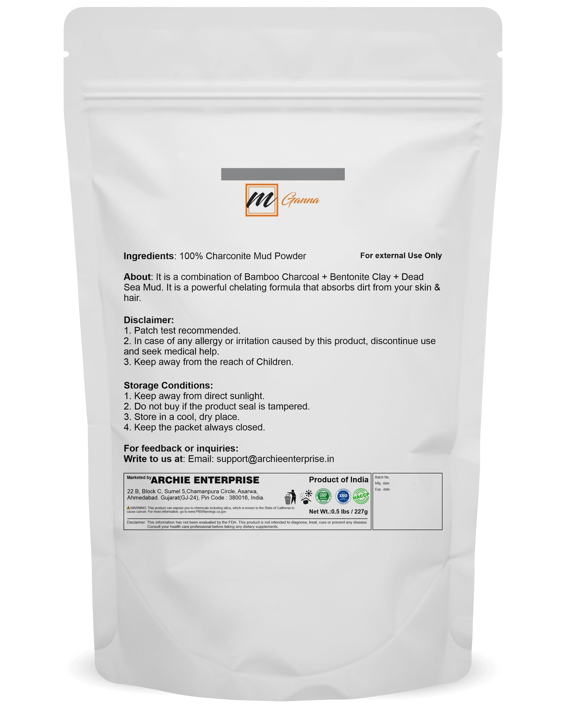 mGanna 100% Natural Pure Charconite Mud For Smooth Skin and Hair Care 227 g / 0.5 lbs