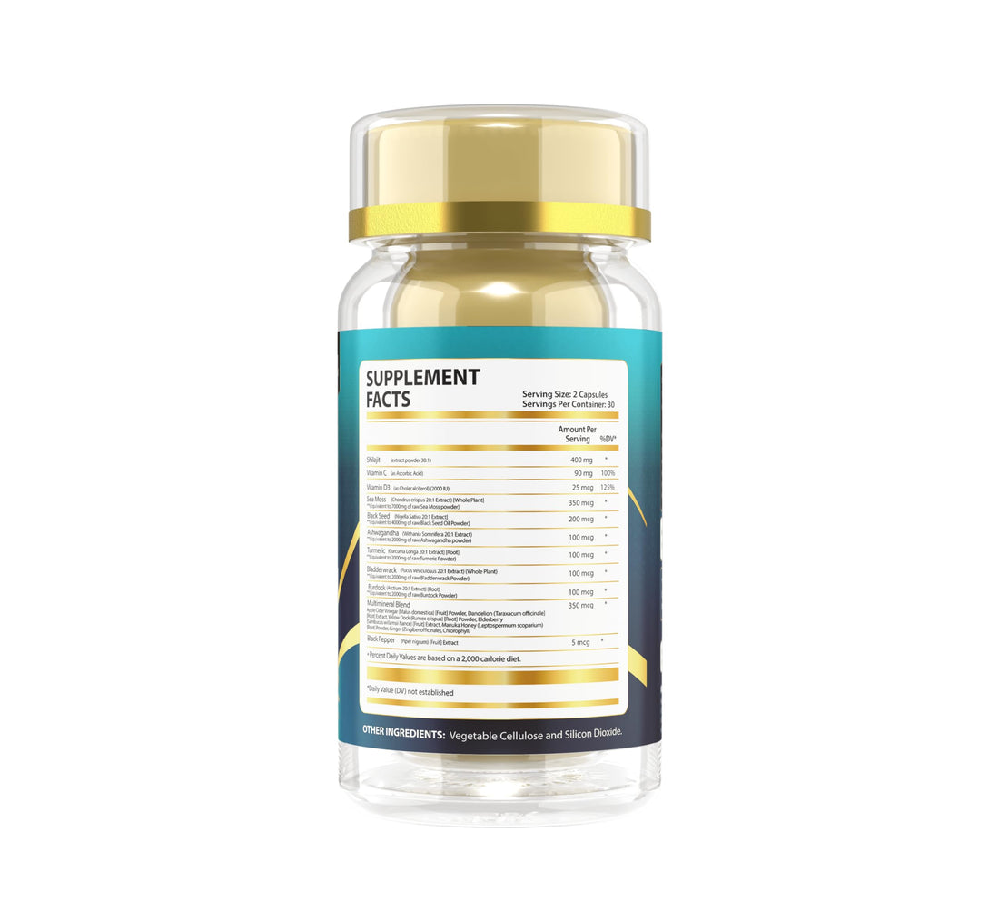 Nature's Vibe 18 in 1 Sea Moss 7000 mg,Shilajit 400 mg,Black Seed Oil 4000 mg,Ashwagandha 2000 mg, Turmeric,Bladderwrack,Burdock 2000 mg Each,Vitamin C & D3,Elderberry,Multimineral Blend -60 Caps