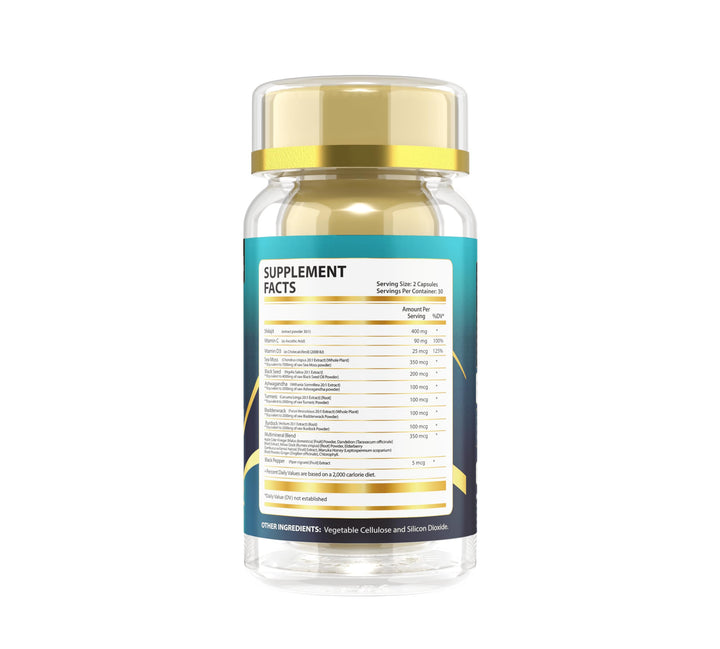 Nature's Vibe 18 in 1 Sea Moss 7000 mg,Shilajit 400 mg,Black Seed Oil 4000 mg,Ashwagandha 2000 mg, Turmeric,Bladderwrack,Burdock 2000 mg Each,Vitamin C & D3,Elderberry,Multimineral Blend -60 Caps