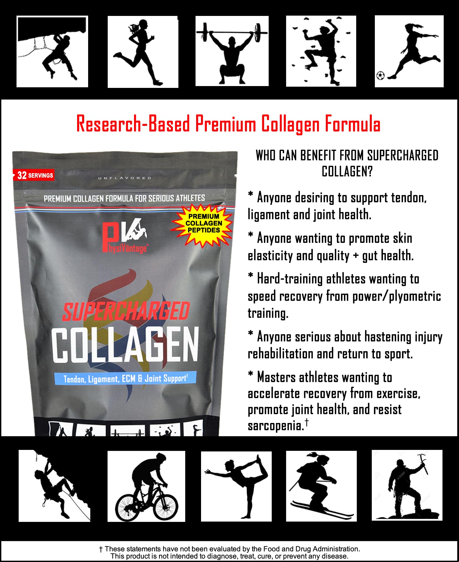 PhysiVantage Supercharged Collagen Peptides Powder - Hydrolyzed Collagen for Joint, Tendon, Ligament, & Skin Health Support - Vanilla, Keto, Paleo, 16oz | Enhanced with Vitamin C, BCAAs, Grass-Fed