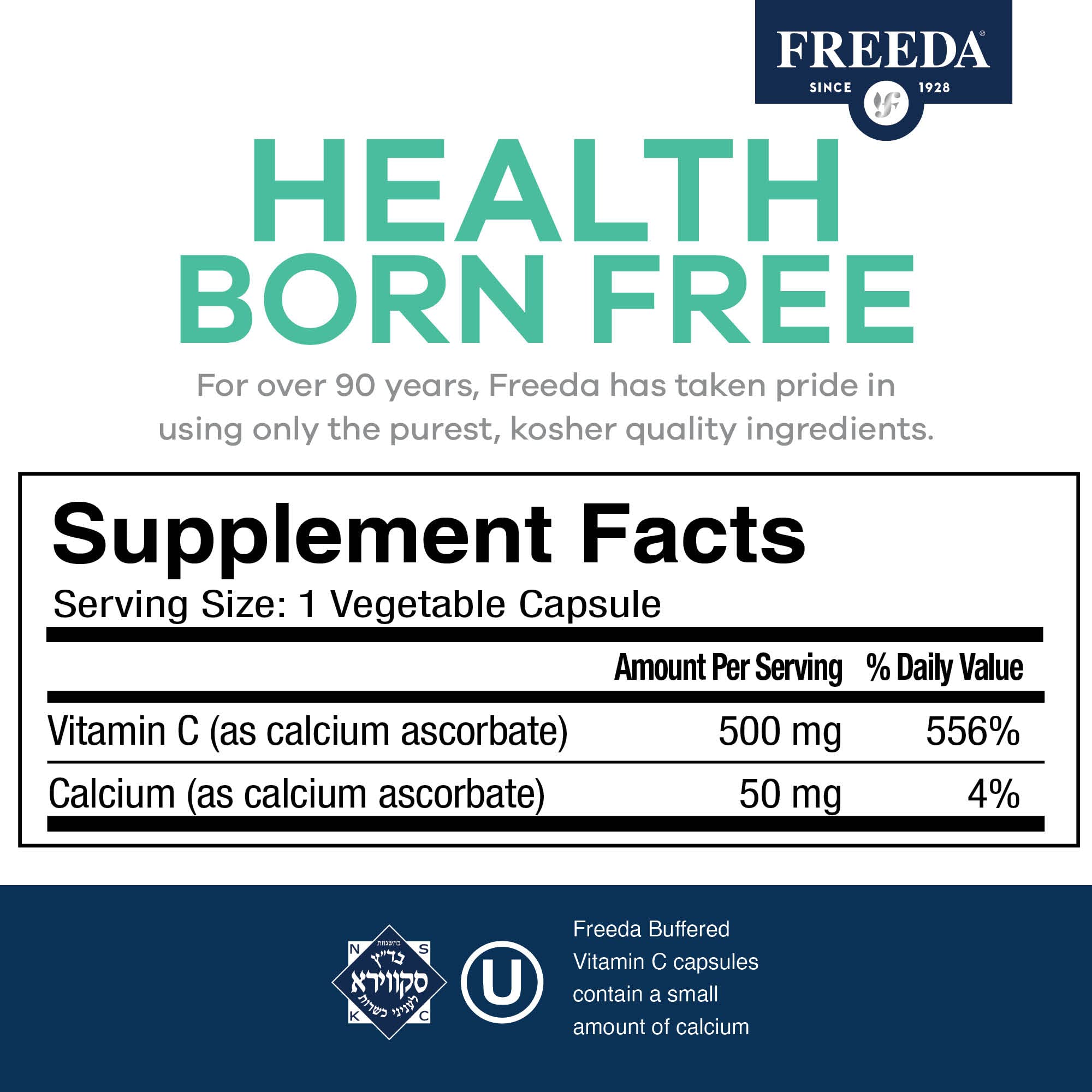 FREEDA Vitamin C - Buffered Vitamin C 500mg - Kosher - Powerful Antioxidant Immune Support - Sensitive Stomach Vitamins C Capsules Calcium Ascorbate - Vitamin C 500 mg - VIT C Supplement (250 Count)