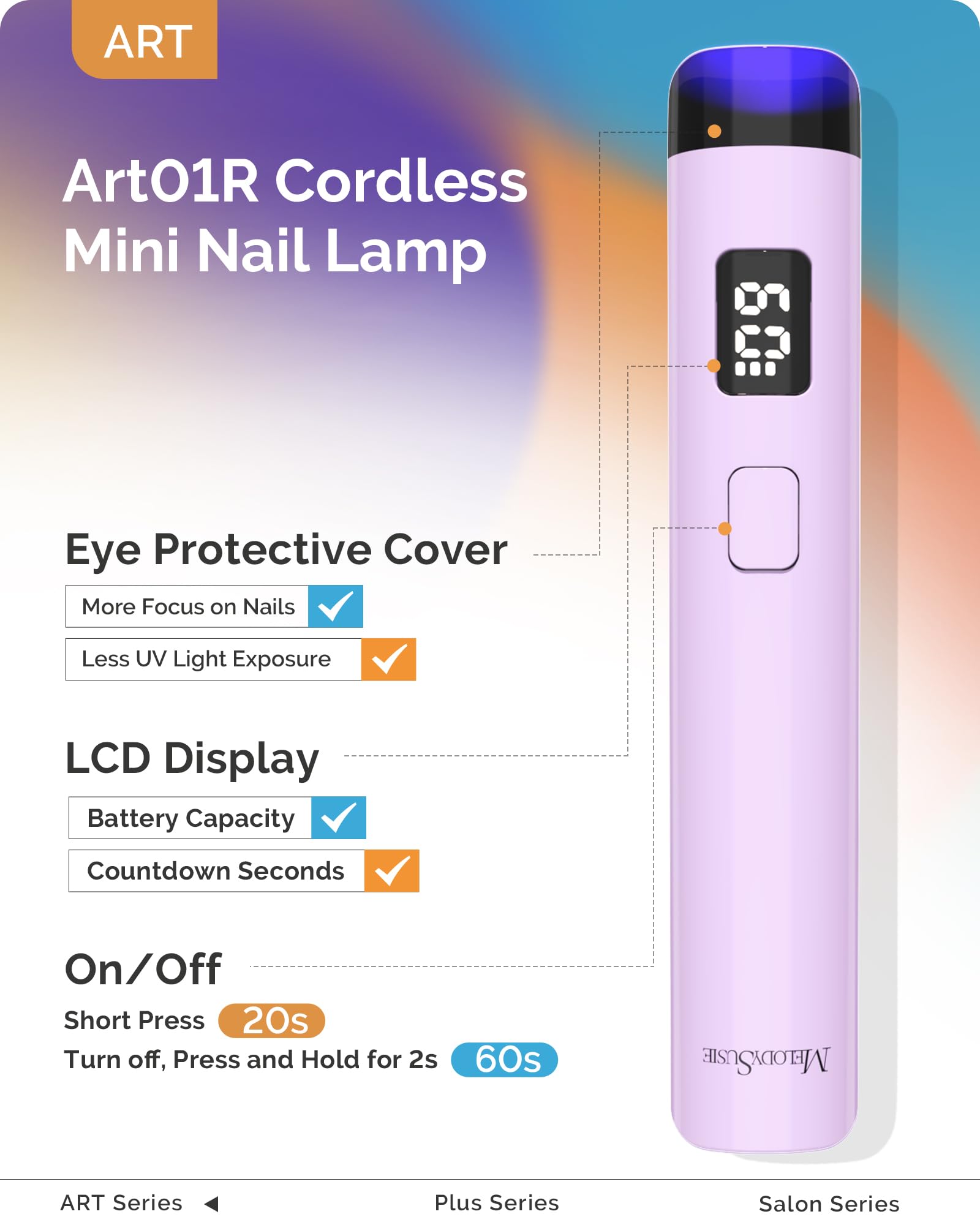 Melodysusie Handheld UV Light for Gel Nails, ART01R Cordless Gel X Nail Lamp Rechargeable with LCD Display, Eye-Protective Cover Flash Cure Nail Dryer for Rhinestone Glue Decoration DIY At Home Purple