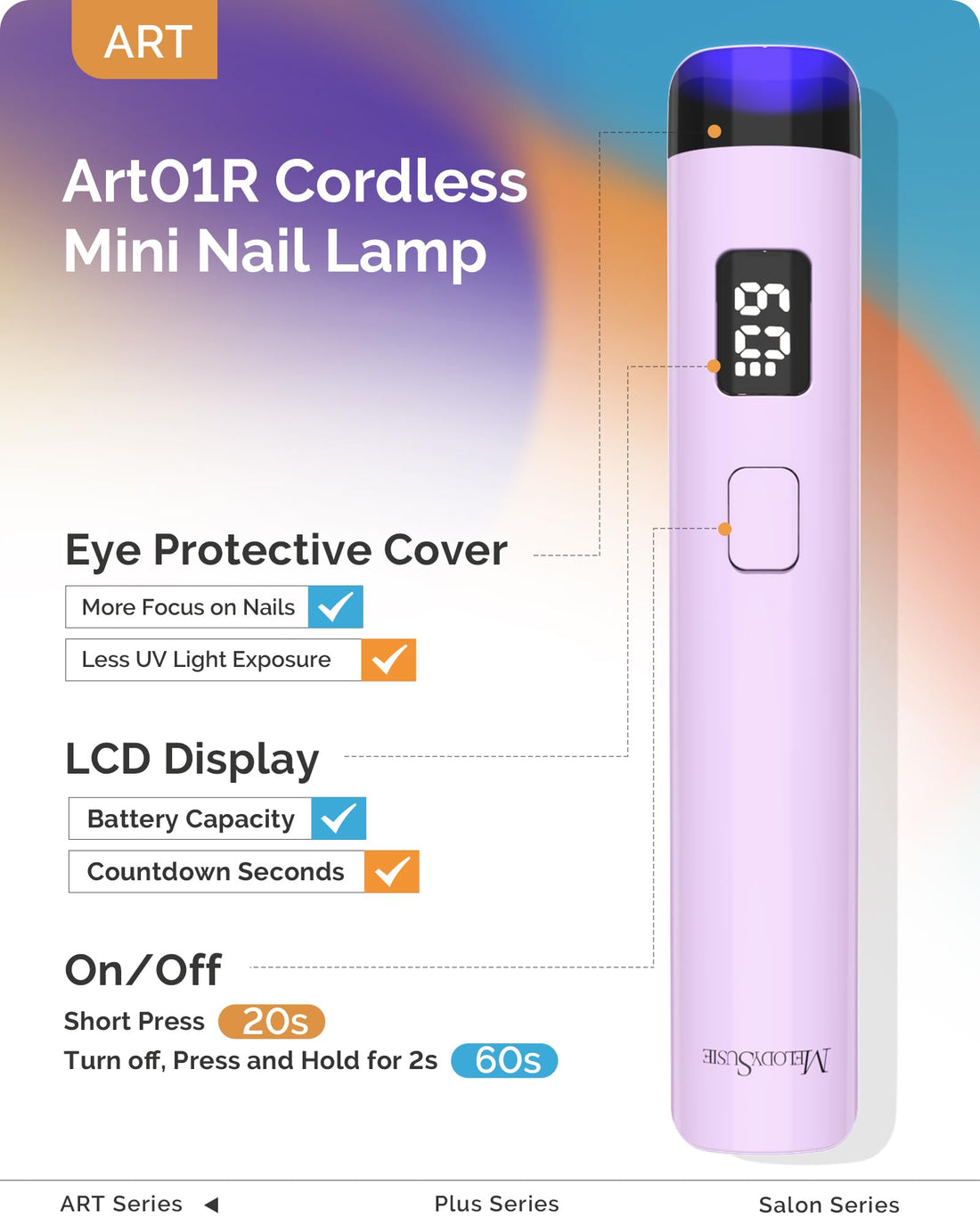 Melodysusie Handheld UV Light for Gel Nails, ART01R Cordless Gel X Nail Lamp Rechargeable with LCD Display, Eye-Protective Cover Flash Cure Nail Dryer for Rhinestone Glue Decoration DIY At Home Purple