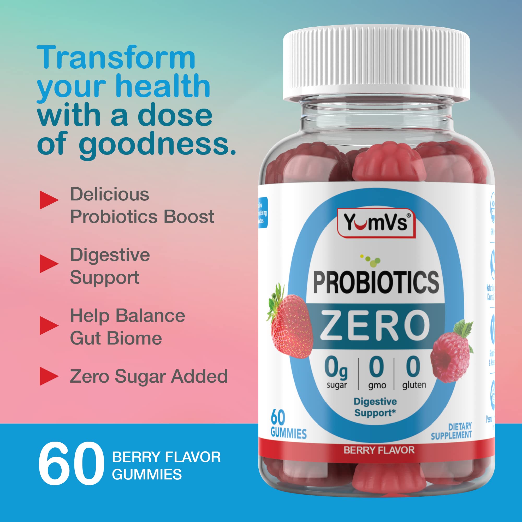 YUM-V'S - Zero Sugar Probiotic Gummies for Digestive Health - Sugar Free Probiotics for Women, Men & Kids - Gut Health Probiotic Gummies for Adults & Kids - Digestive Support Gummy Supplements - 60ct