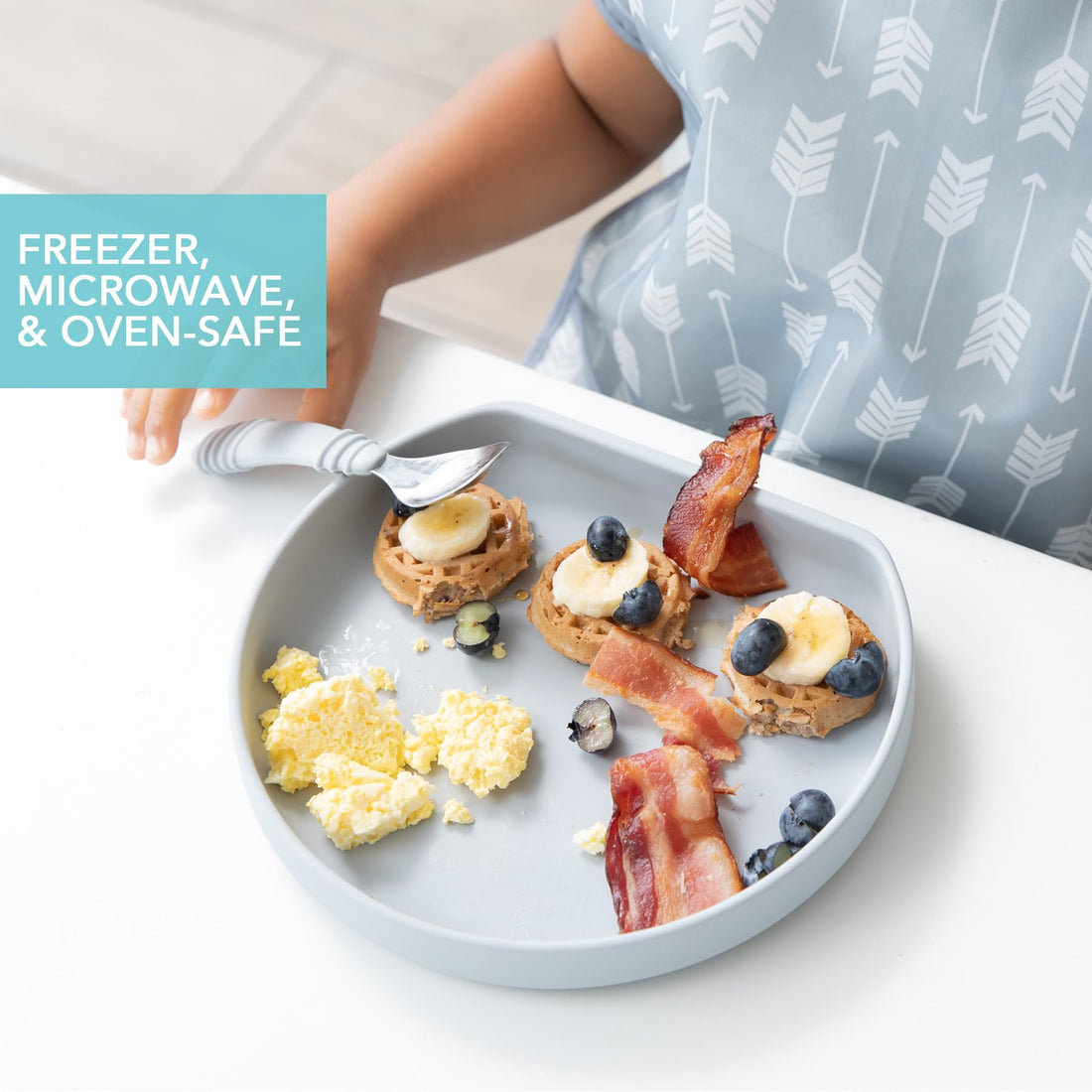 Bumkins Toddler and Baby Suction Plate, Silicone Grip Dish for Babies and Kids, Baby Led Weaning, Children Feeding Supplies, Non Skid Sticky Bottom, Platinum Silicone, Ages 6 Months Up, Gray