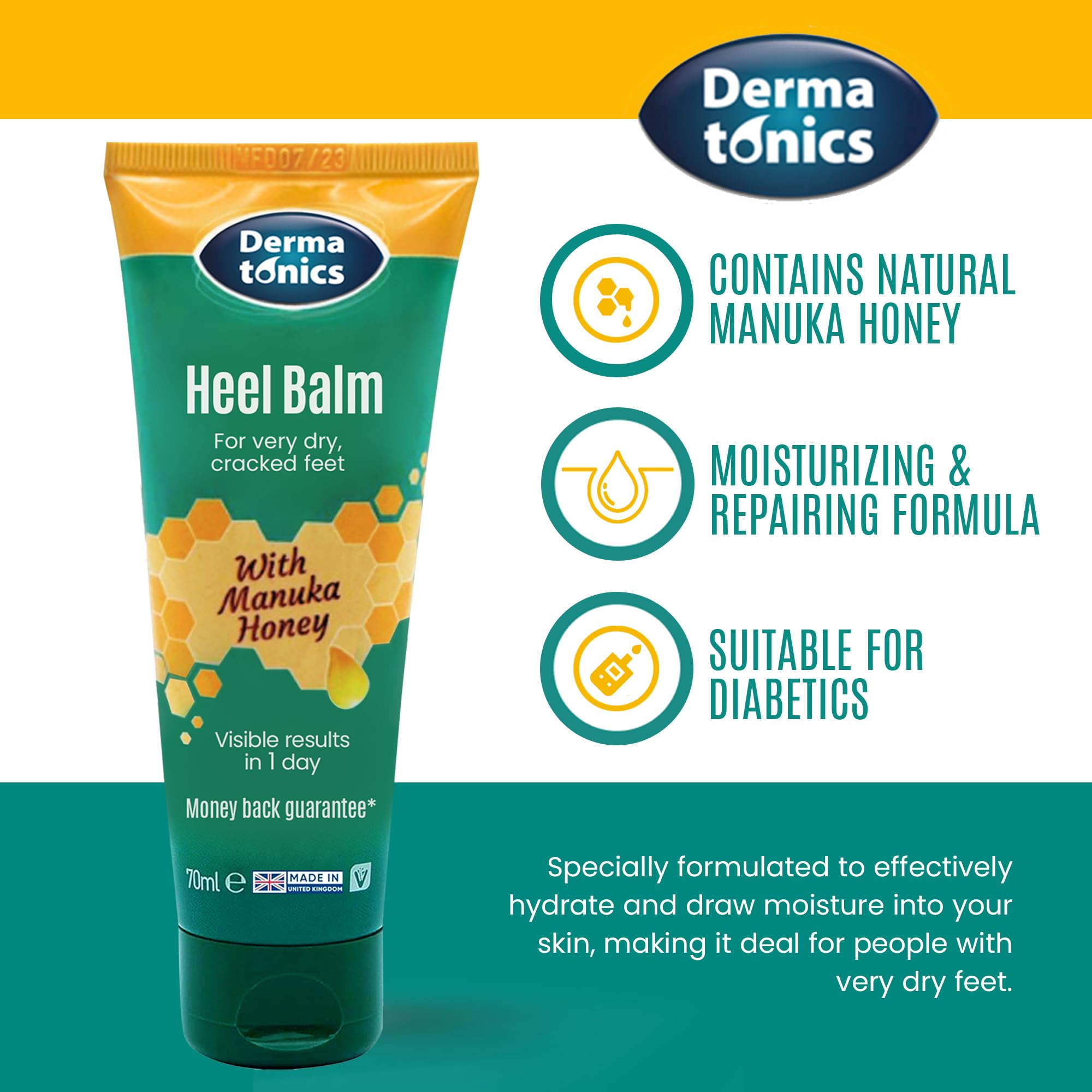 Dermatonics Manuka Honey Heel & Elbow Cream - Moisturizing & Exfoliating Care for Dry, Cracked Heels & Feet, Softening Callus Remover, Hydrating Foot Balm for Smooth, Healthy Skin - 2.37 fl oz Tube