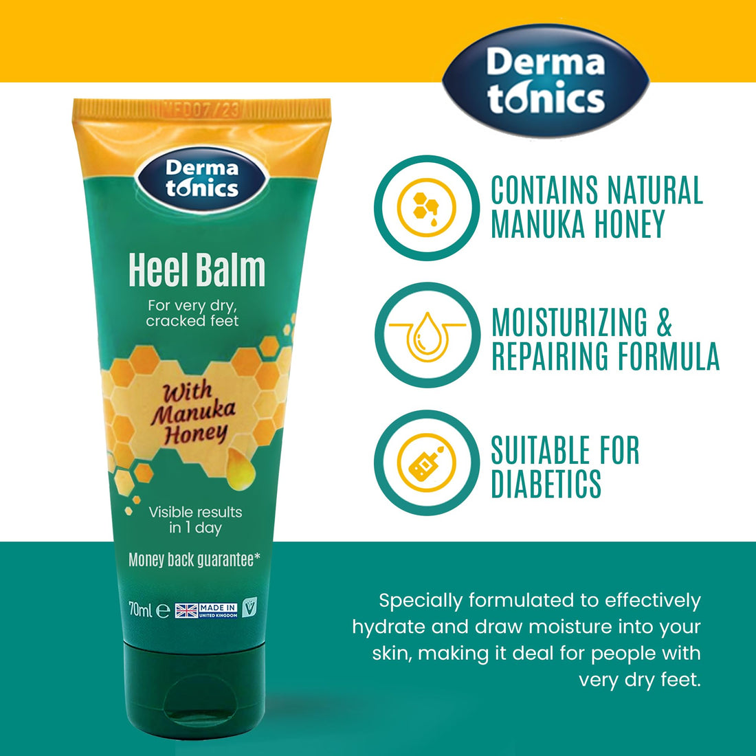 Dermatonics Manuka Honey Heel & Elbow Cream - Moisturizing & Exfoliating Care for Dry, Cracked Heels & Feet, Softening Callus Remover, Hydrating Foot Balm for Smooth, Healthy Skin - 2.37 fl oz Tube