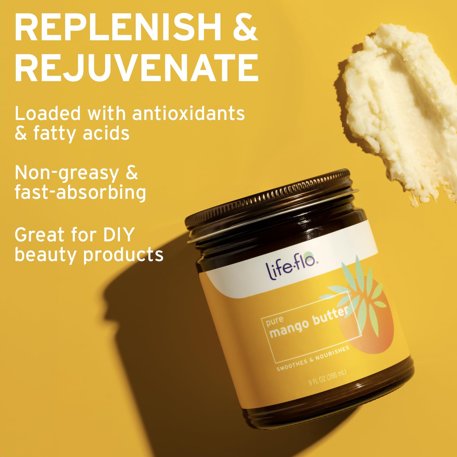 Life-flo Pure Mango Butter, Soothing Moisturizer for Dry Skin Care, Smooths and Nourishes, Doubles as Lip Balm, Nail / Cuticle Cream, Hand and Body Lotion, 60-Day Guarantee, Not Tested on Animals, 9oz