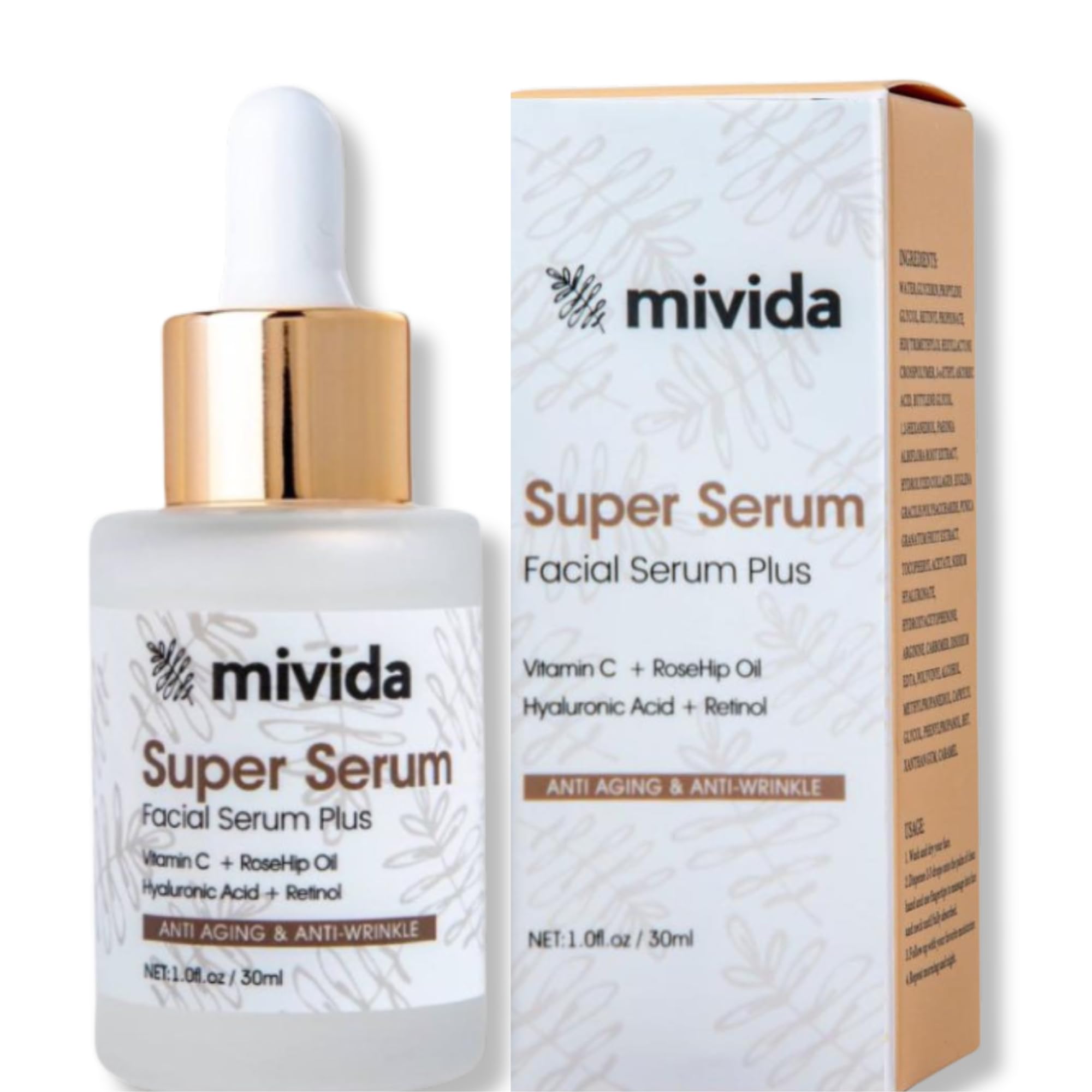 mivida Anti-Aging Super Serum with Retinol, Hyaluronic-Acid, Rosehip Oil, Vitamin C | All-In-One Face Serum For Wrinkles, Fine Lines, Dark Spot | 1oz