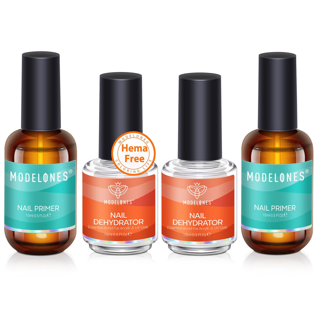 modelones 4 Pcs Nail Dehydrator and Primer, 15 ml Acid Free Natural Prep Dehydrate & Bond Primer Hema-Free Bonding for Nail Supplies