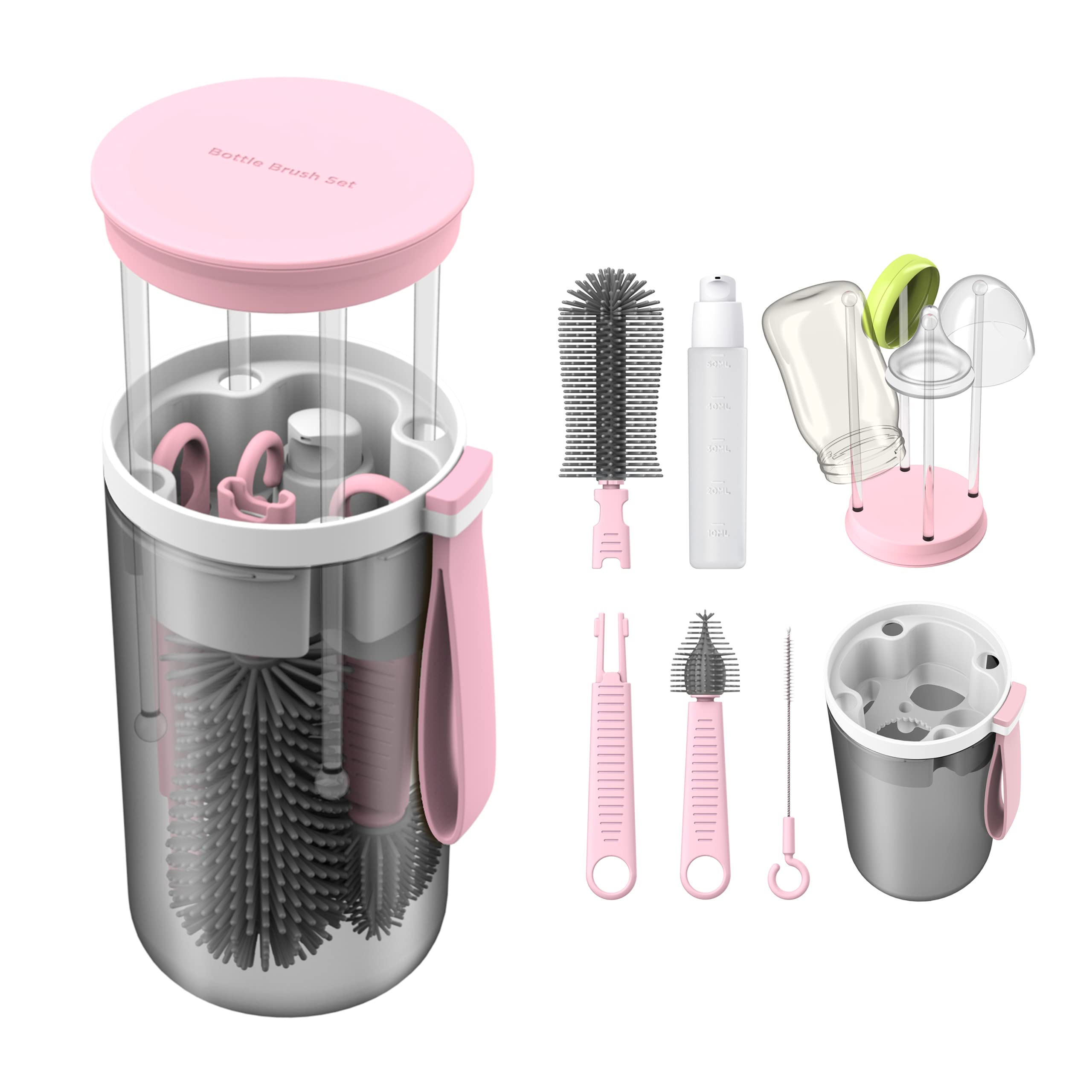 TechoEcho Travel Baby Bottle Brush Set with Extendable Liquid Silicone Bottle Brush,Nipple Brush,Built-in Bottle Drying Rack,Straw Cleaner Brush,Baby Bottle Soap Dispenser,Bottle Warmer (Pink)