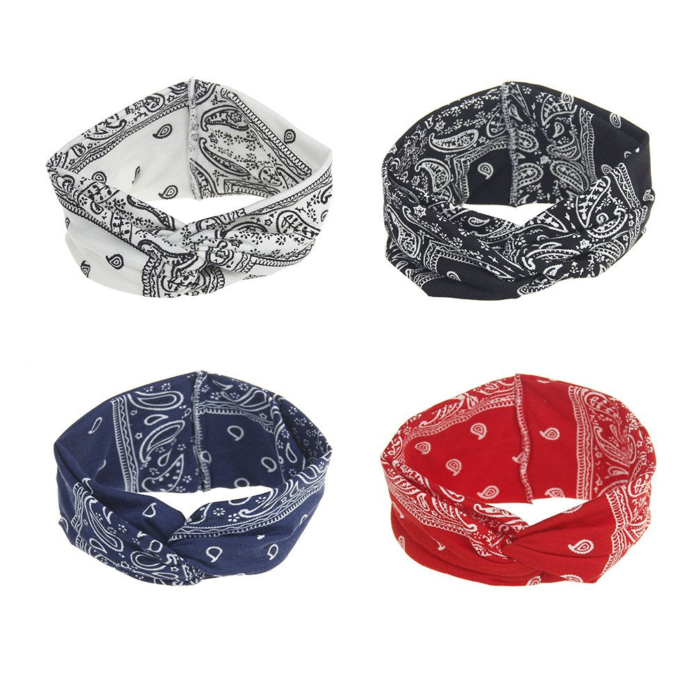 DINPREY DINPREY Assorted Paisley Print Wide Bandana Knot Headbands Criss Cross Head Wrap Hair Band (4 Colors Pack A)