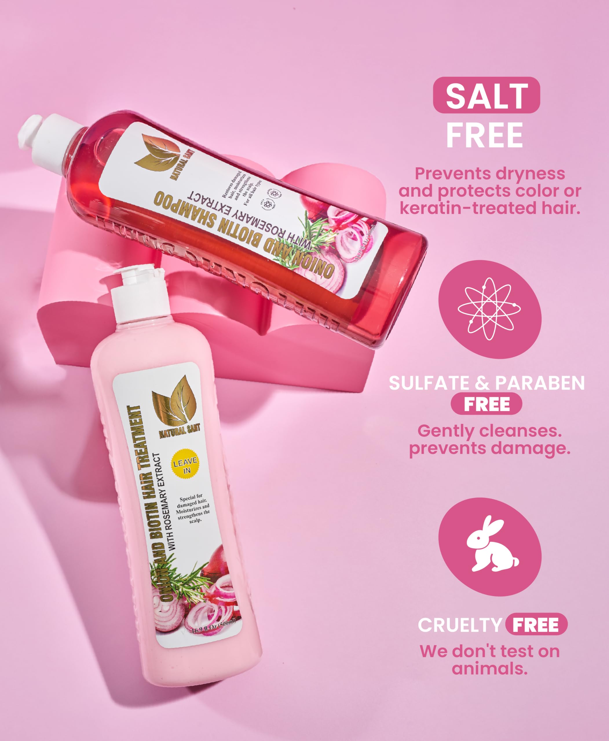 NATURAL SANT - Onion Biotin and Rosemary Shampoo & Treatment Set for Stronger, Thicker and Longer Hair - Soft and Shine, Hair Loss and Thinning Hair, Growth Shampoo, Paraben Free, Silicone Free