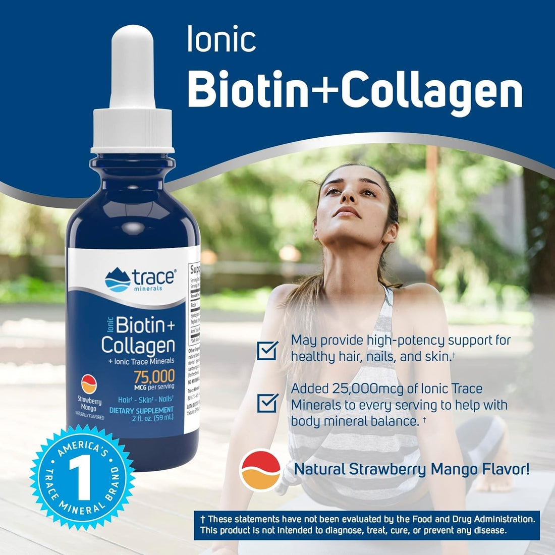 Trace Minerals Ionic Biotin Plus Collagen - High-Potency Supplement Supports Healthy Hair Growth & Skin - Biotin & Collagen Supplement Aids Healthy & Strong Joints - Strawberry Mango, 2 fl oz