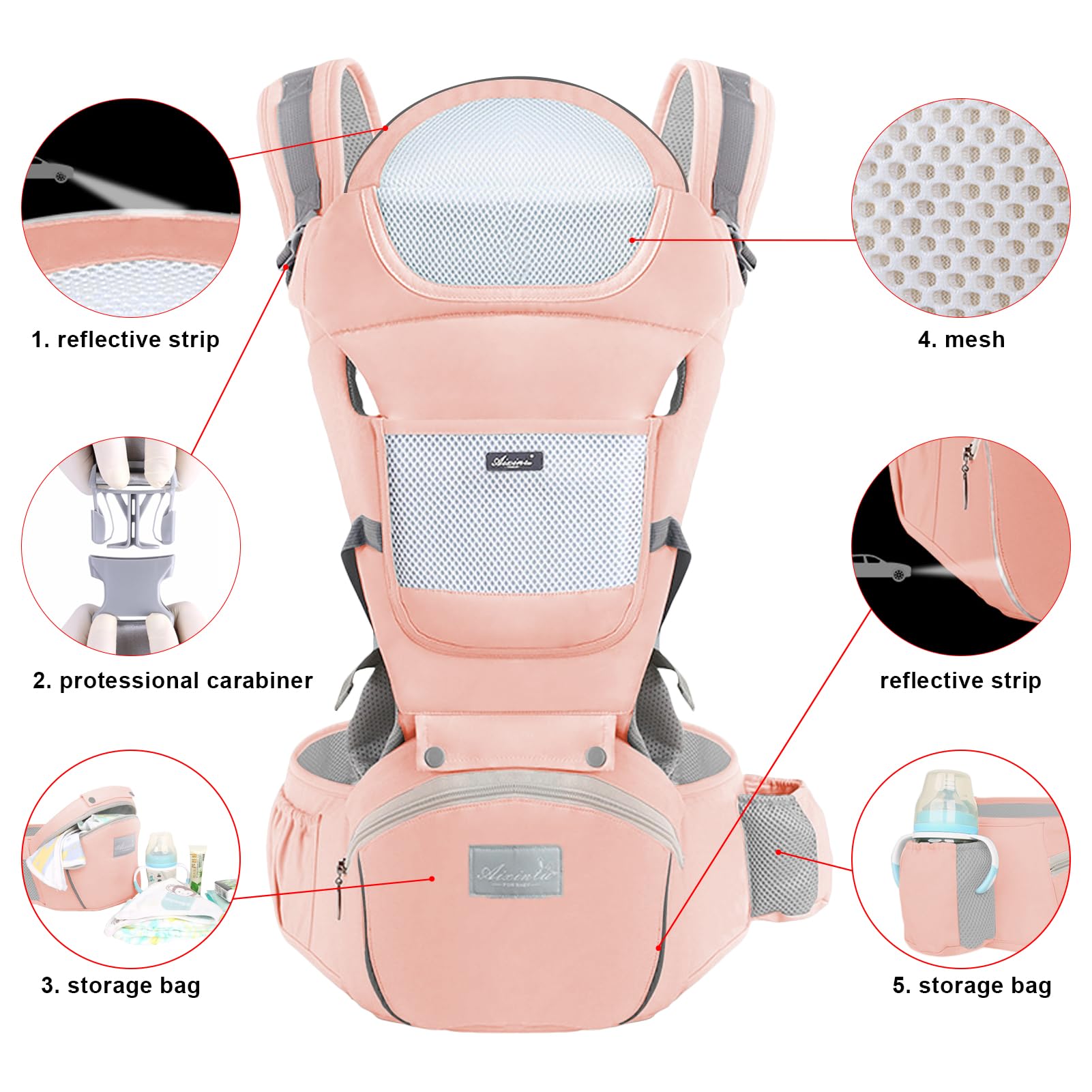 Huifen Multi-Functional 9 in 1 Baby Carrier - Newborn to Toddler, 7-45 lbs, Hip Seat, Ergonomic Sling, Hands Free Backpack, All Seasons (Pink)