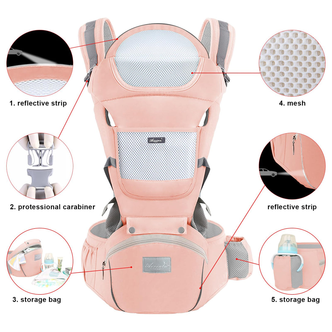 Huifen Multi-Functional 9 in 1 Baby Carrier - Newborn to Toddler, 7-45 lbs, Hip Seat, Ergonomic Sling, Hands Free Backpack, All Seasons (Pink)