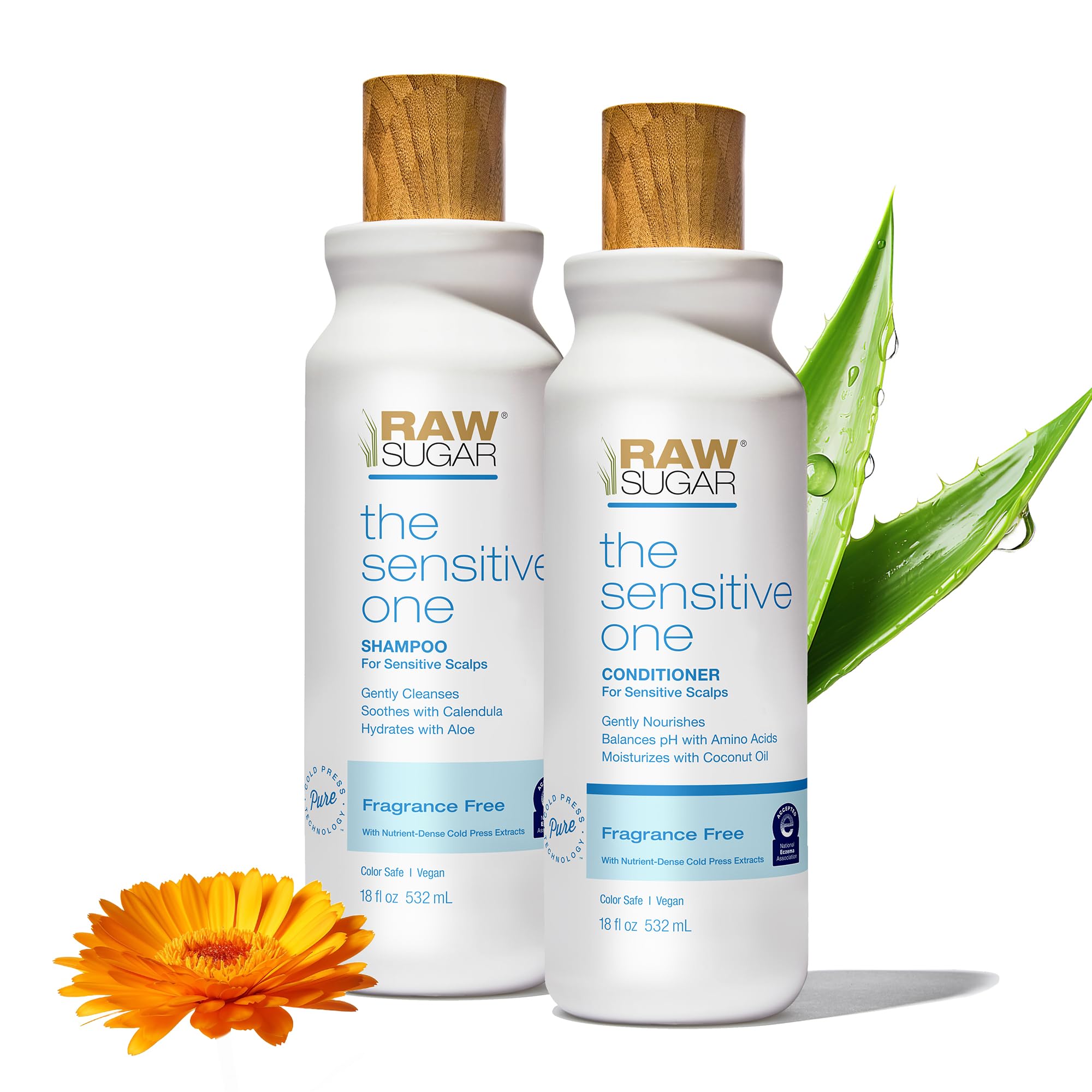 Raw Sugar Shampoo and Conditioner Set, The Sensitive One Hair Care Duo, 18 Fl Oz Each, Gently Cleanses, Soothes & Hydrates with Calendula & Aloe, No Fragrance, Sulfates & Parabens, Vegan