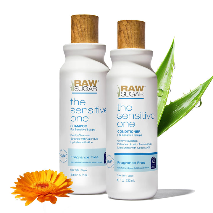 Raw Sugar Shampoo and Conditioner Set, The Sensitive One Hair Care Duo, 18 Fl Oz Each, Gently Cleanses, Soothes & Hydrates with Calendula & Aloe, No Fragrance, Sulfates & Parabens, Vegan