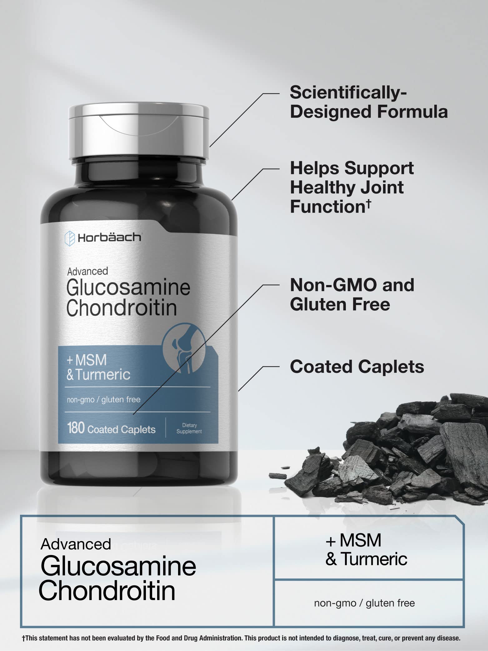 Horbäach Glucosamine Chondroitin | Plus MSM & Turmeric | 180 Coated Caplets | Non-GMO, Gluten Free Supplement