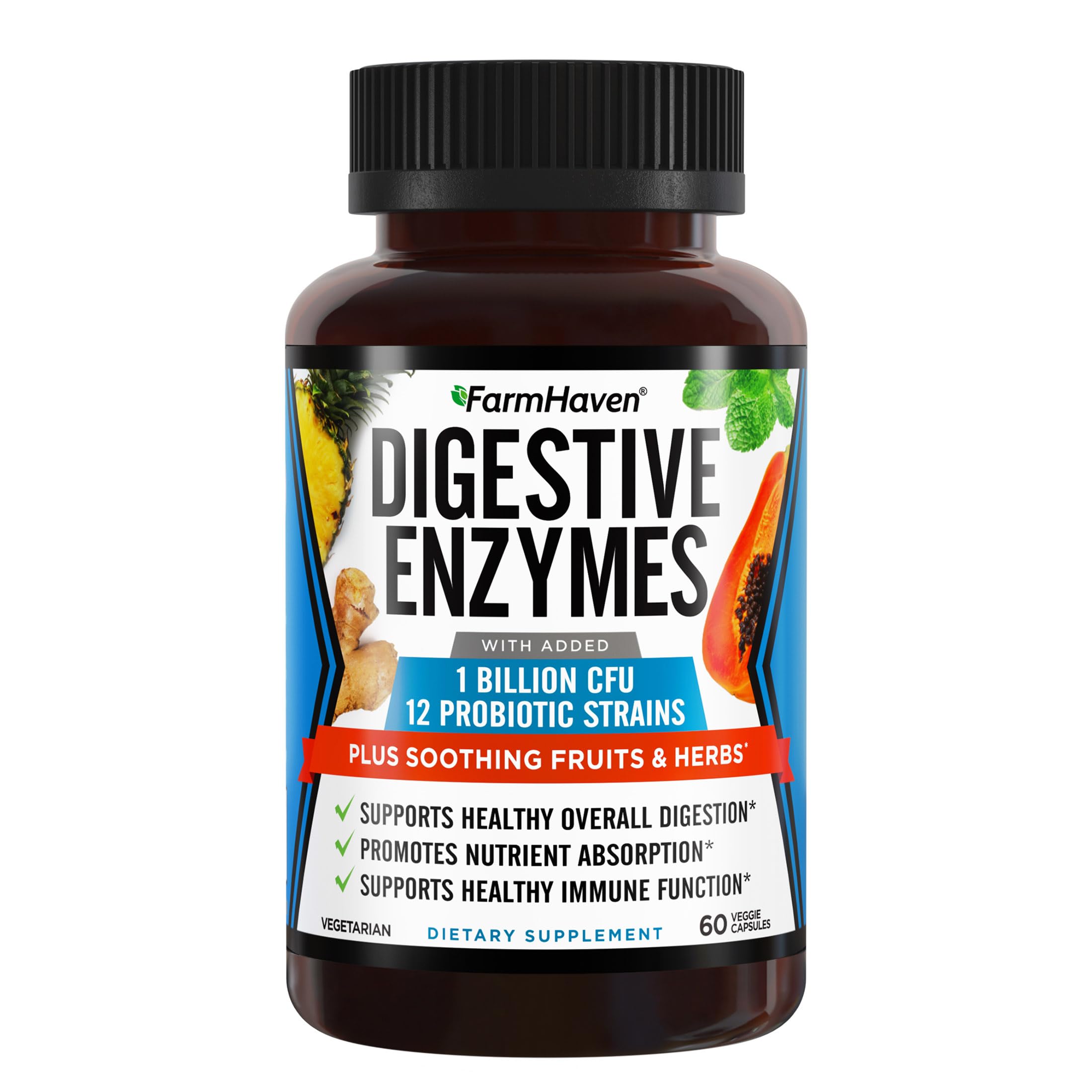 FarmHaven Digestive Enzymes with 18 Probiotics & Herbs | Papaya, Bromelain, Protease & More for Lactose Absorption & Better Digestion | Helps Bloating, Gas, Constipation | Vegetarian, 60 Capsules