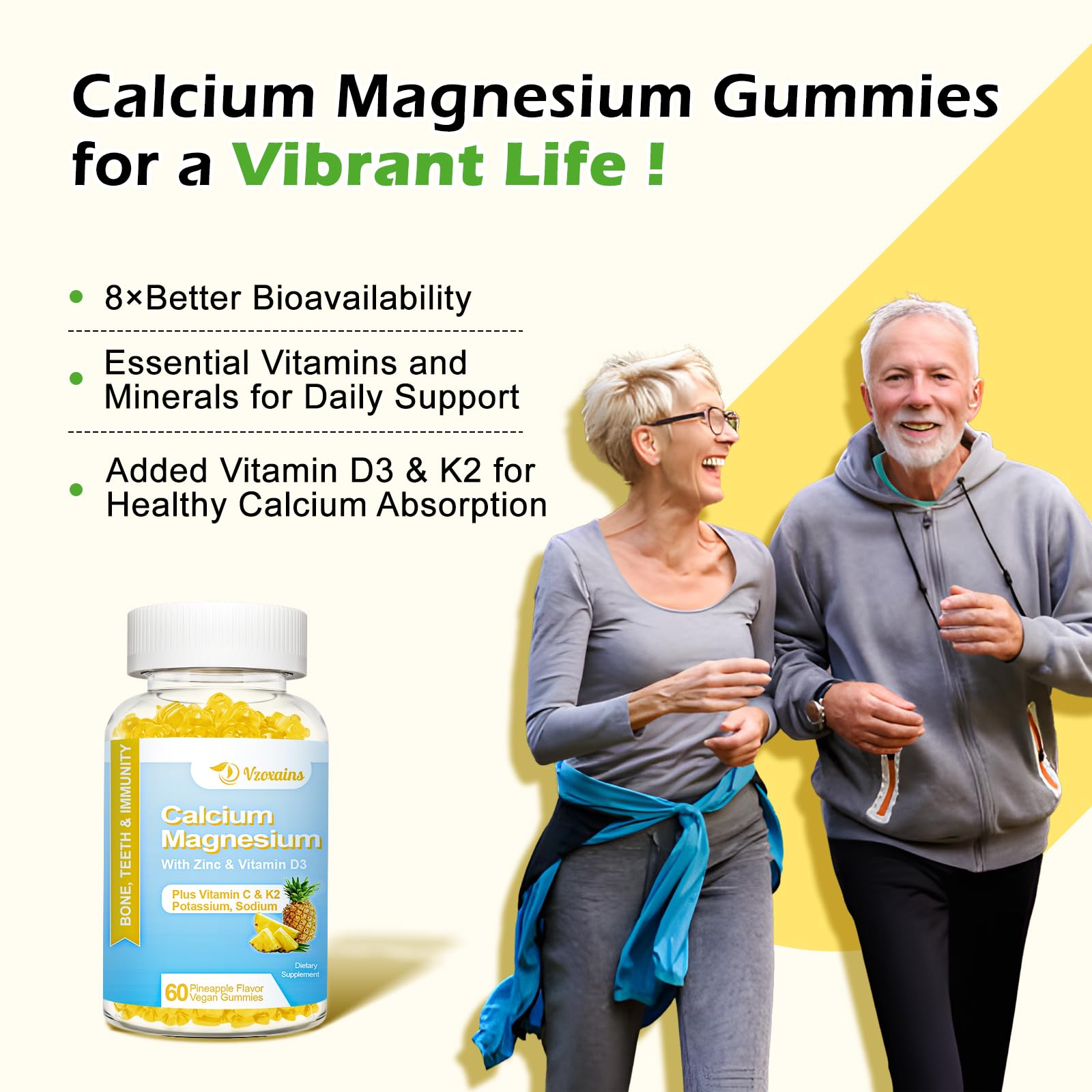 High Absorption Calcium Gummies, Sugar Free Calcium Magnesium Gummies with Vitamin D3 for Men and Women, Pineapple Flavor 120 Cts