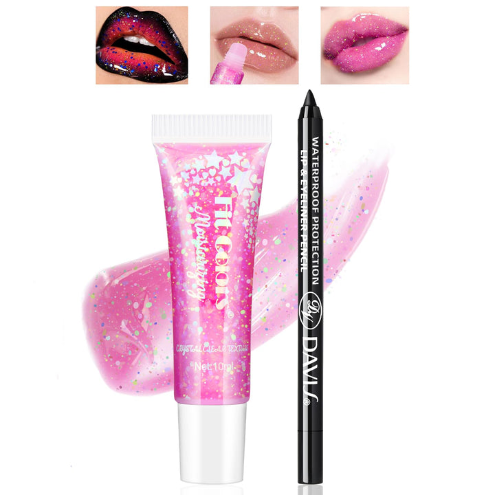 HOSAILY Glitter Color Changing Lip Oil with Black Lip Liner Set, Goth Moisturizing High Shine Lip Gloss Combo, Chunky Sequins Lip Glow Oil Non-Sticky Lightweight Lip Stain for Halloween Party Makeup01