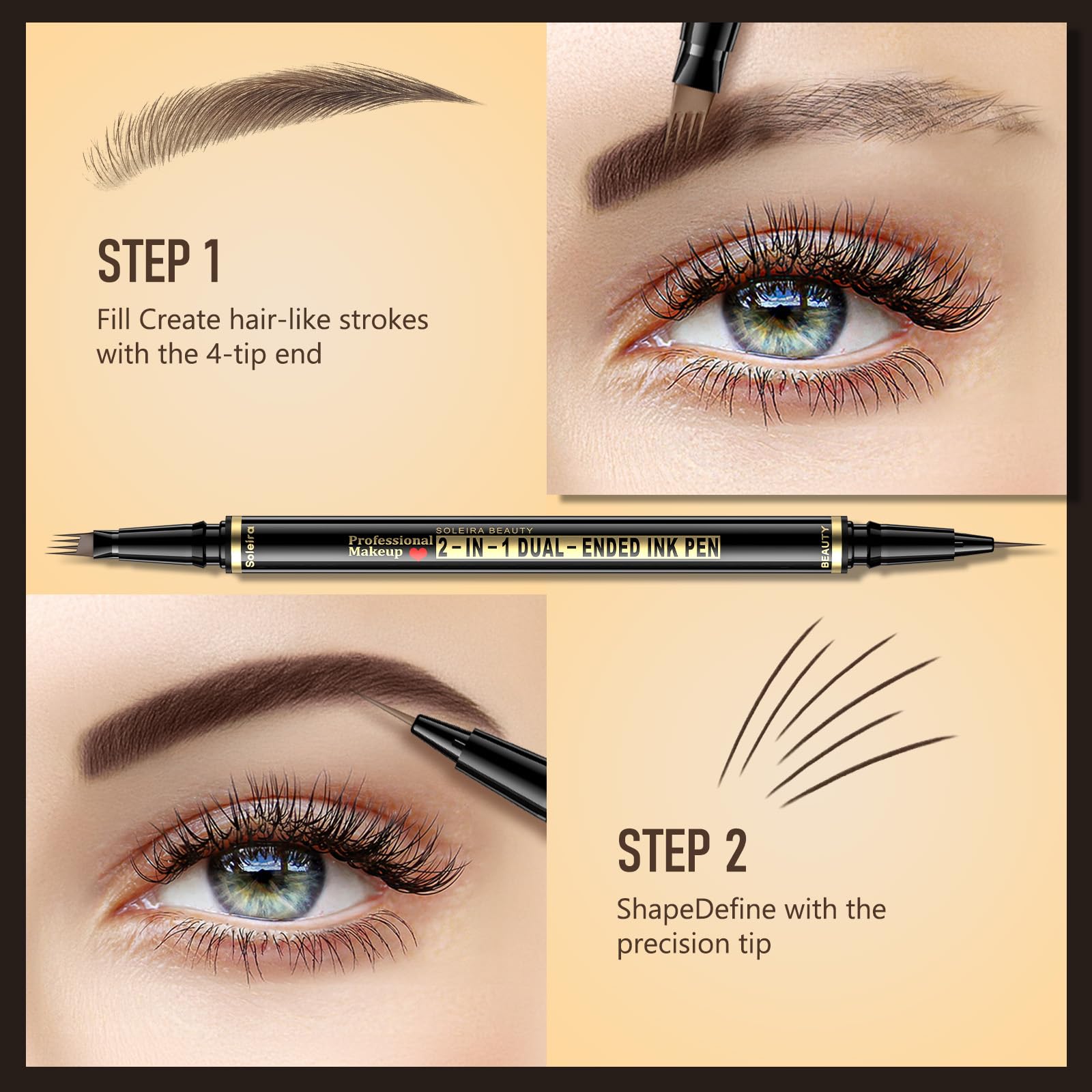 Eyebrow Pen, Soleira Waterproof Eyebrow Pencil with 4 Tip Microblading Eyebrow Pen and Dual-ended Eyebrow Brush, for Natural-Looking Brows, Long-Lasting, Dark Brown