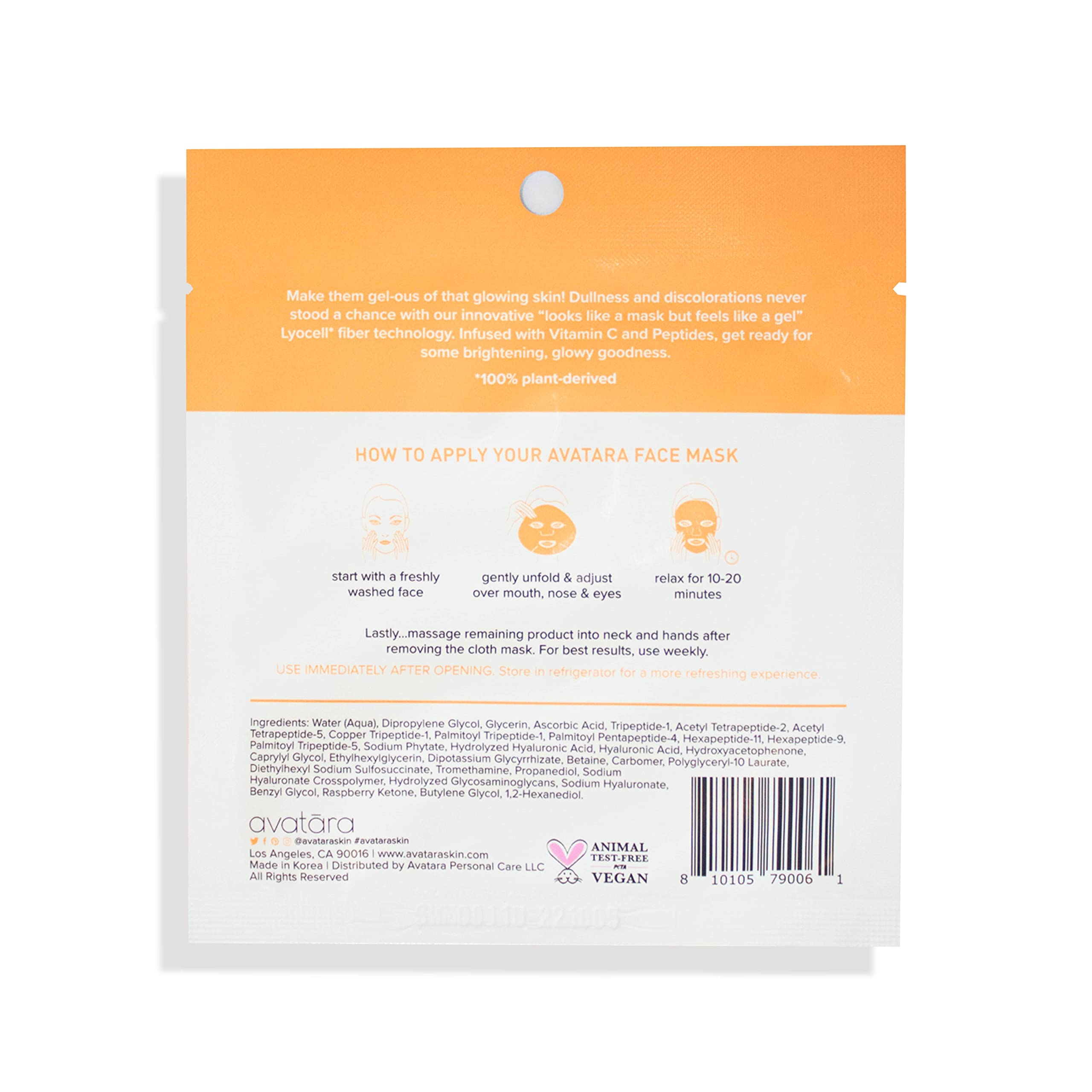 Avatara - You C This Vitamin C Water-Gel Mask, Hydrating Mask, Sheet masks with Niacinamide and Hyaluronic Acid, Facial Mask Made with Natural Fibers, Paraben-Free Vitamin C Face Mask, 0.71 fl.oz