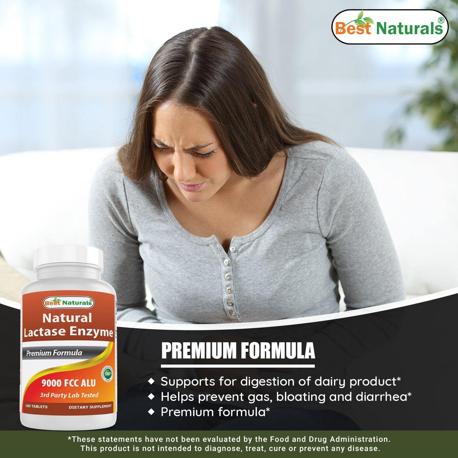 Best Naturals Lactose Intolerance Relief Tablets with Natural Lactase Enzyme, Fast Acting High Potency Lactase, 9000 FCC ALU, 180 Count