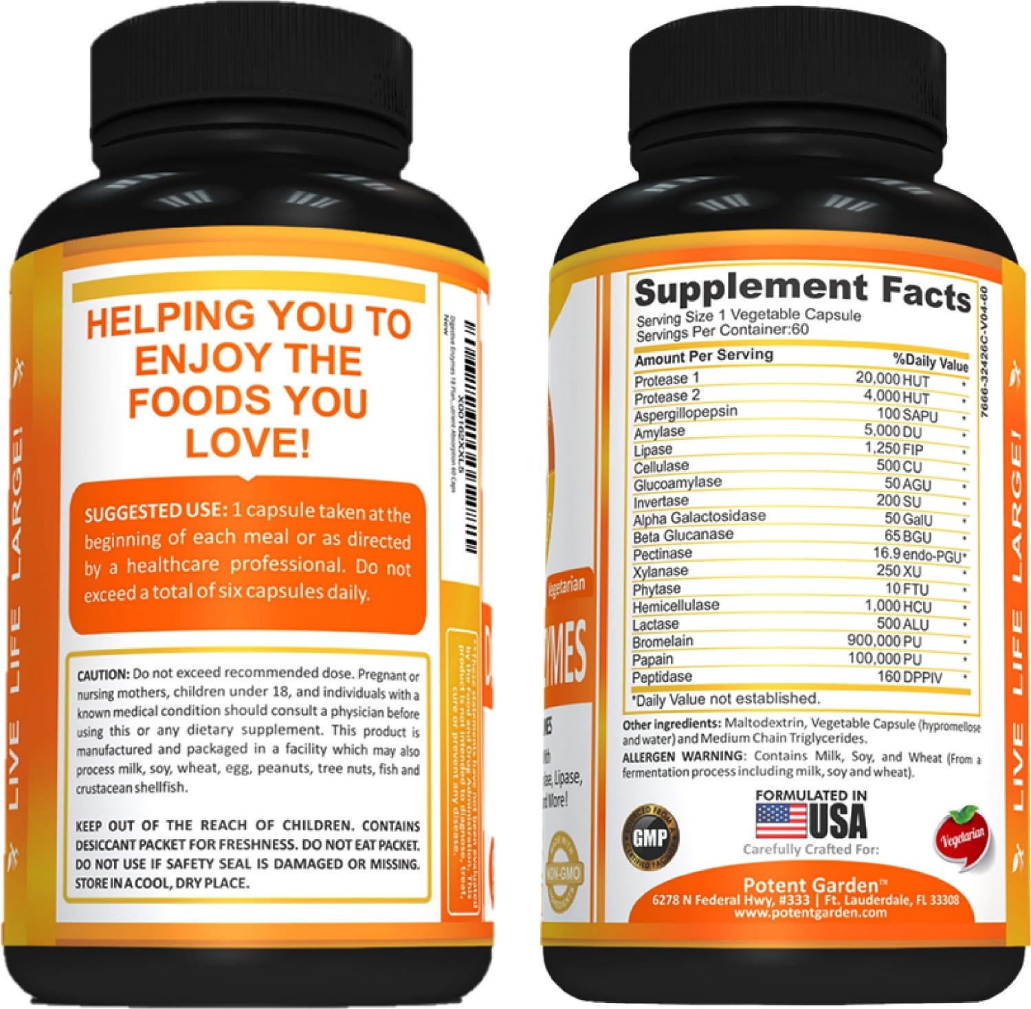 Potent Garden Digestive Enzymes -18 Plant Based Enzymes with amylase lipase bromelain Protease lactase & Other Enzymes - One Pre Meal Pill Supports Healthy Digestion & Nutrient Absorption 60 Caps