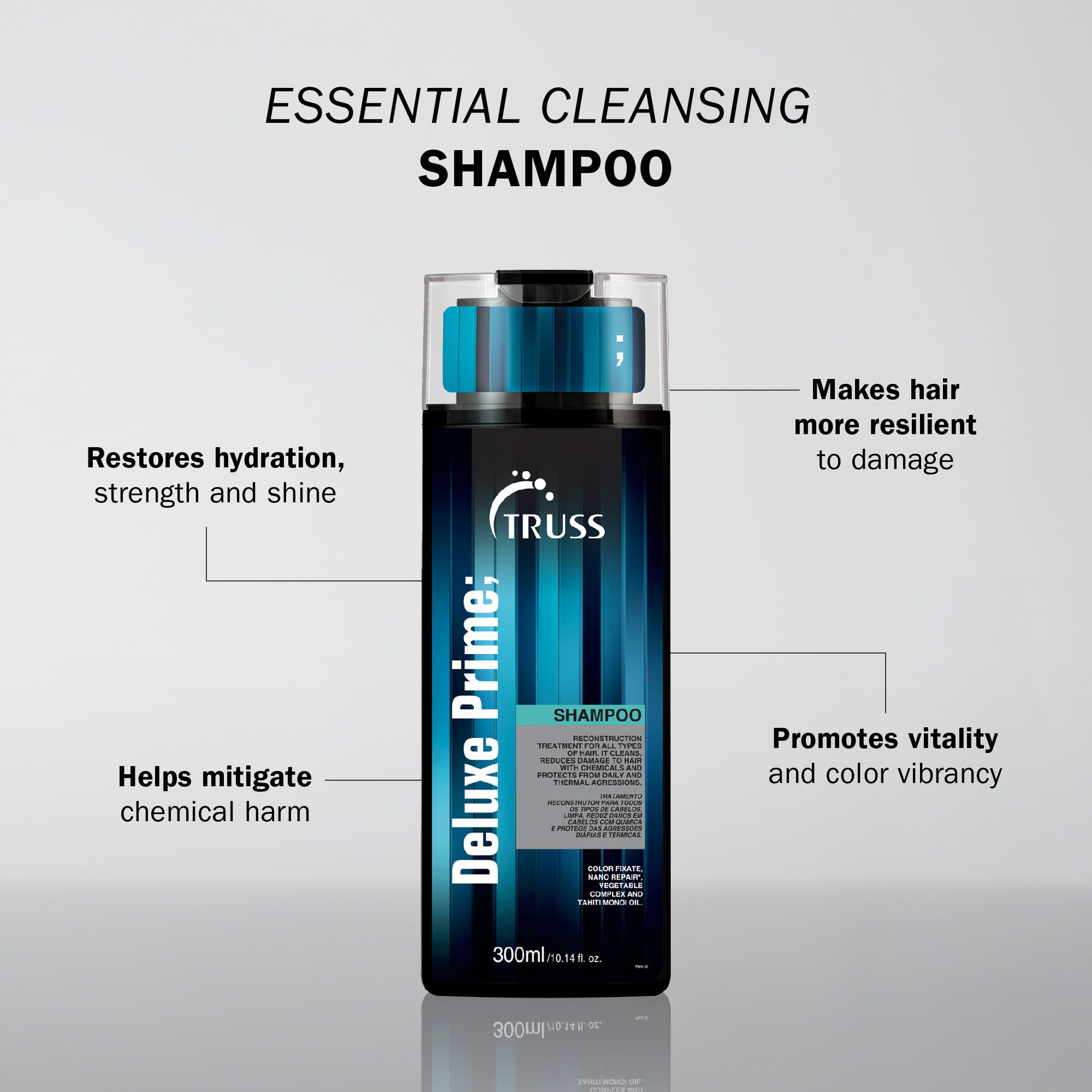 TRUSS Deluxe Prime Deep Cleansing Shampoo - Damaged Hair Repair & Hydrating Shampoo for Hair Shine + Anti Fading Action - Moisturize, Soften & Protect from Chemical Damages (10.14oz)