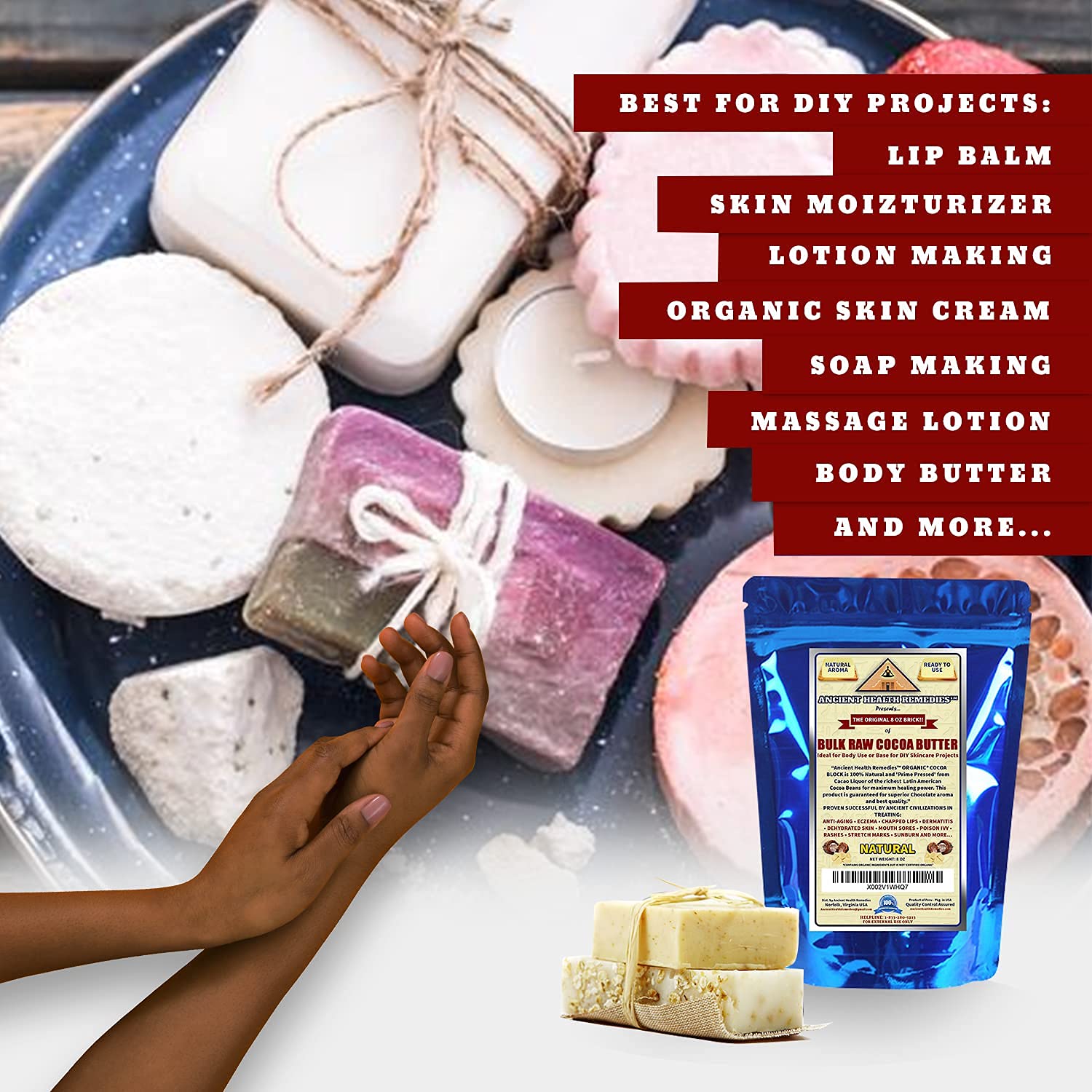 ANCIENT HEALTH REMEDIES Organic Unrefined Raw NATURAL COCOA (CACAO) BUTTER BLOCKS Bulk Size Rich Chocolate Aroma For Lip Balms Stretch Marks DIY Base for Body Butter (8oz)