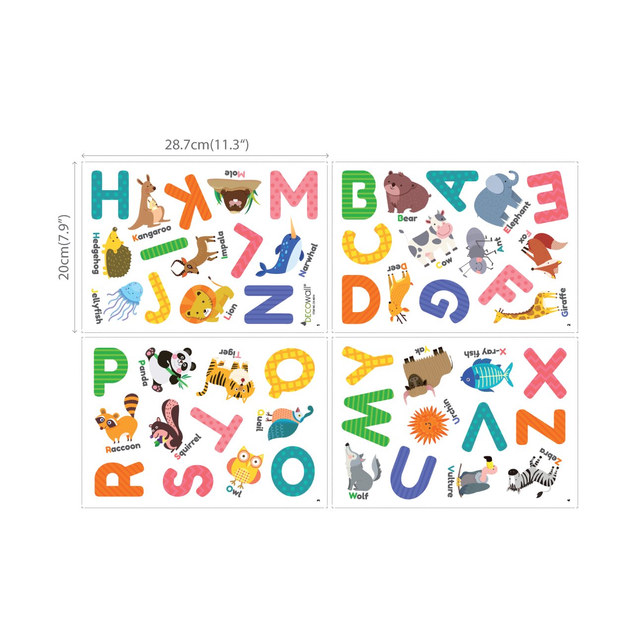 DECOWALL DS-8014 Colourful Animal Alphabet ABC Kids Wall Stickers Wall Decals Peel and Stick Removable Wall Stickers for Kids Nursery Bedroom Living Room (Small) décor