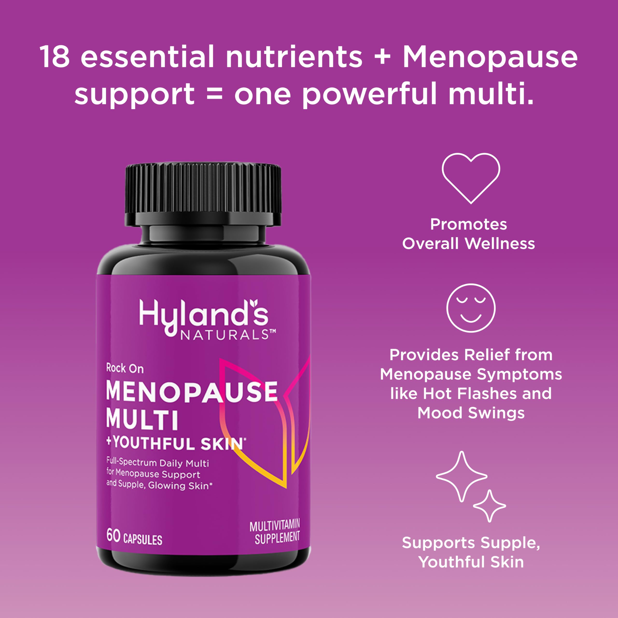 Hyland's Rock On Menopause and Youthful Skin Multivitamin for Women with Immune Support, 60 Capsules, Menopause Relief for Women with Biotin, Collagen, and Red Clover