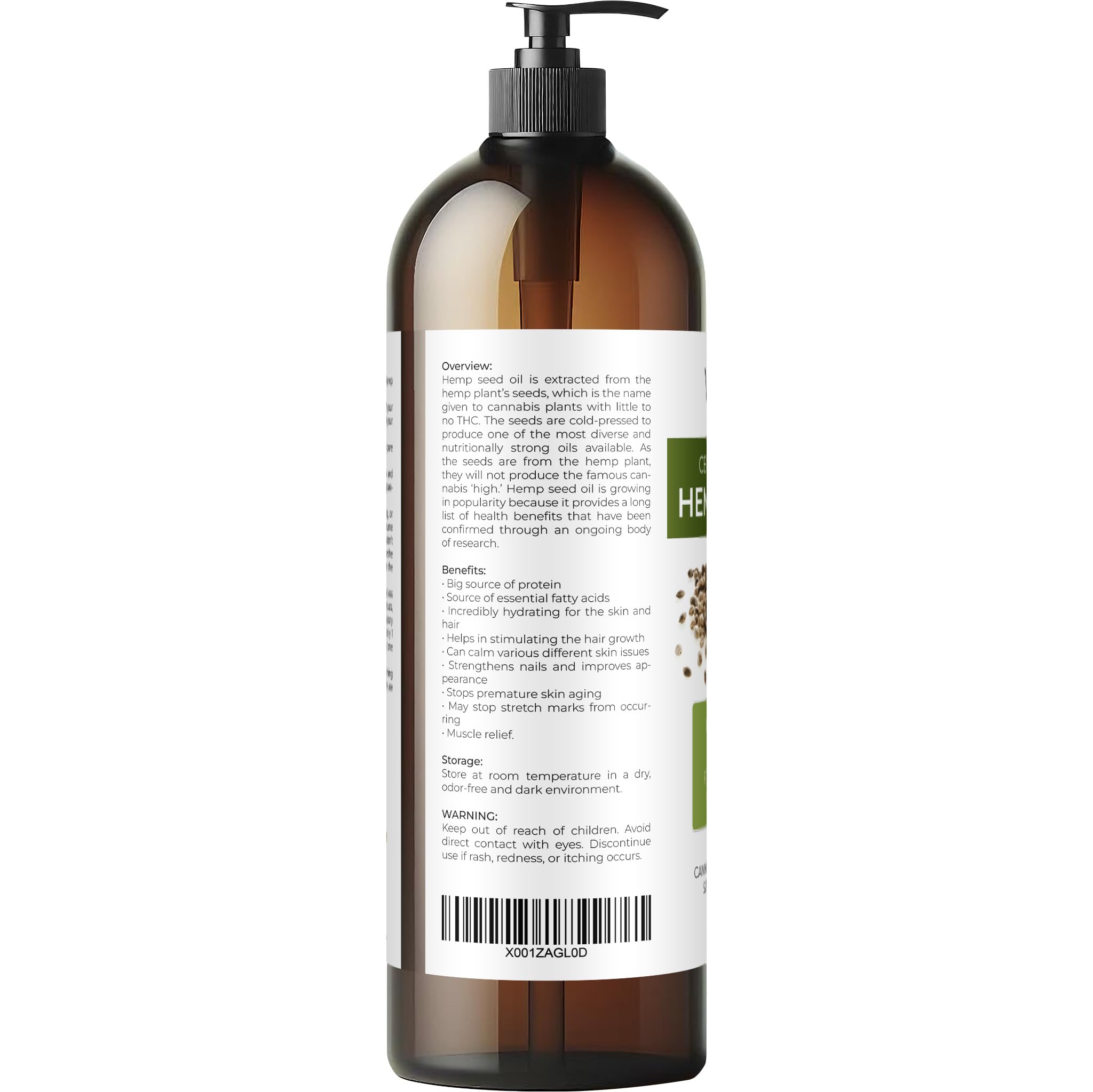 velona Hemp Seed Oil USDA Certified Organic - 32 fl oz | 100% Pure and Natural Carrier Oil | Unrefined, Cold Pressed | Hair, Body, Face & Skin Care