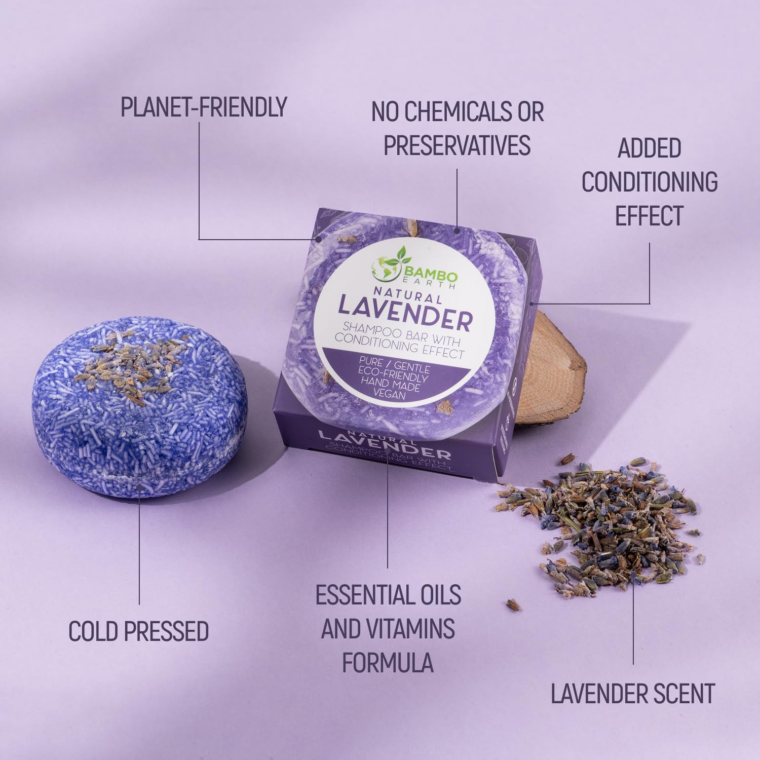 BAMBOEARTH Solid Shampoo Bar And Conditioner Effect Hair Soap – 100% Organic Shampoo Bars For Hair With All Natural Plant Based Essential Oils And Zero Waste Biodegradable Packaging (Lavender)