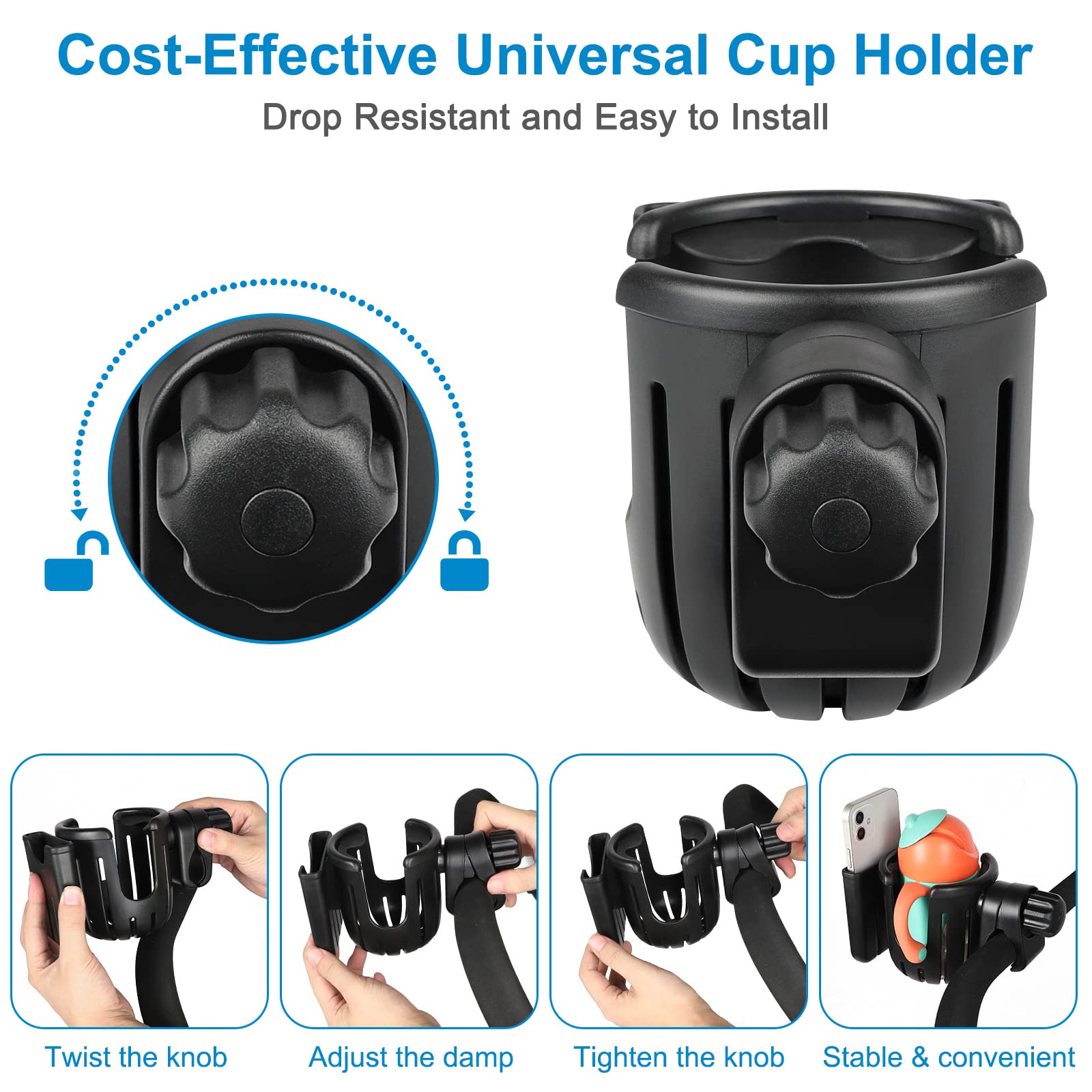 Accmor Stroller Cup Holder with Phone Holder, Bike Cup Holder, 2-in-1 Universal Cup Phone Drinks Holder for Stroller Walker Wheelchair, Black Yellow