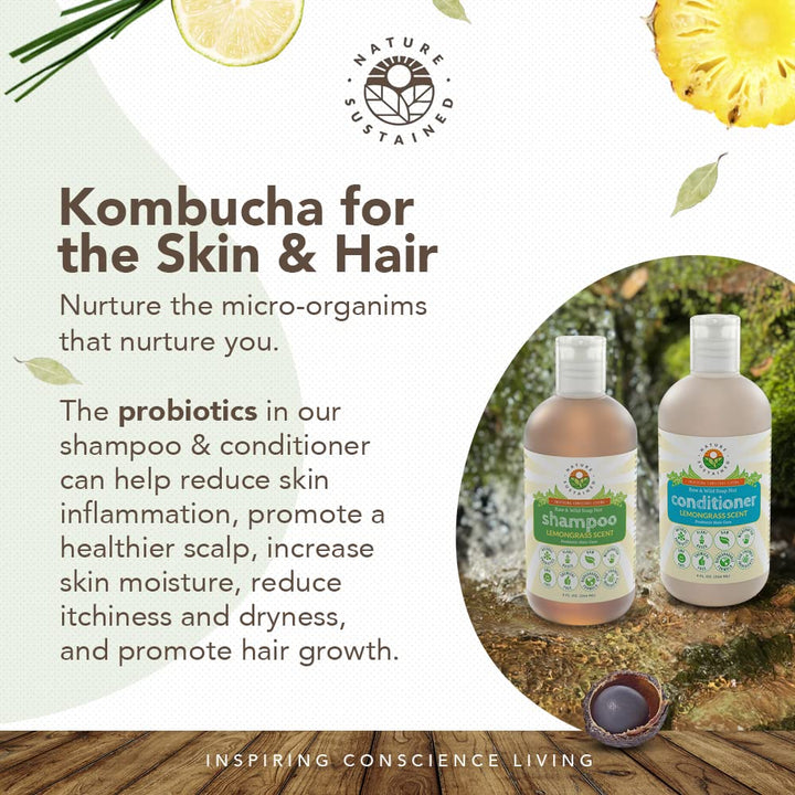 Nature Sustained Pure, Sensitive Skin Shampoo & Conditioner Raw Probiotic Plant Formula (pH Balanced) for Sensitive Skin & Dry Hair - (9 Oz. Bottles) (Lemongrass, 2-pack)