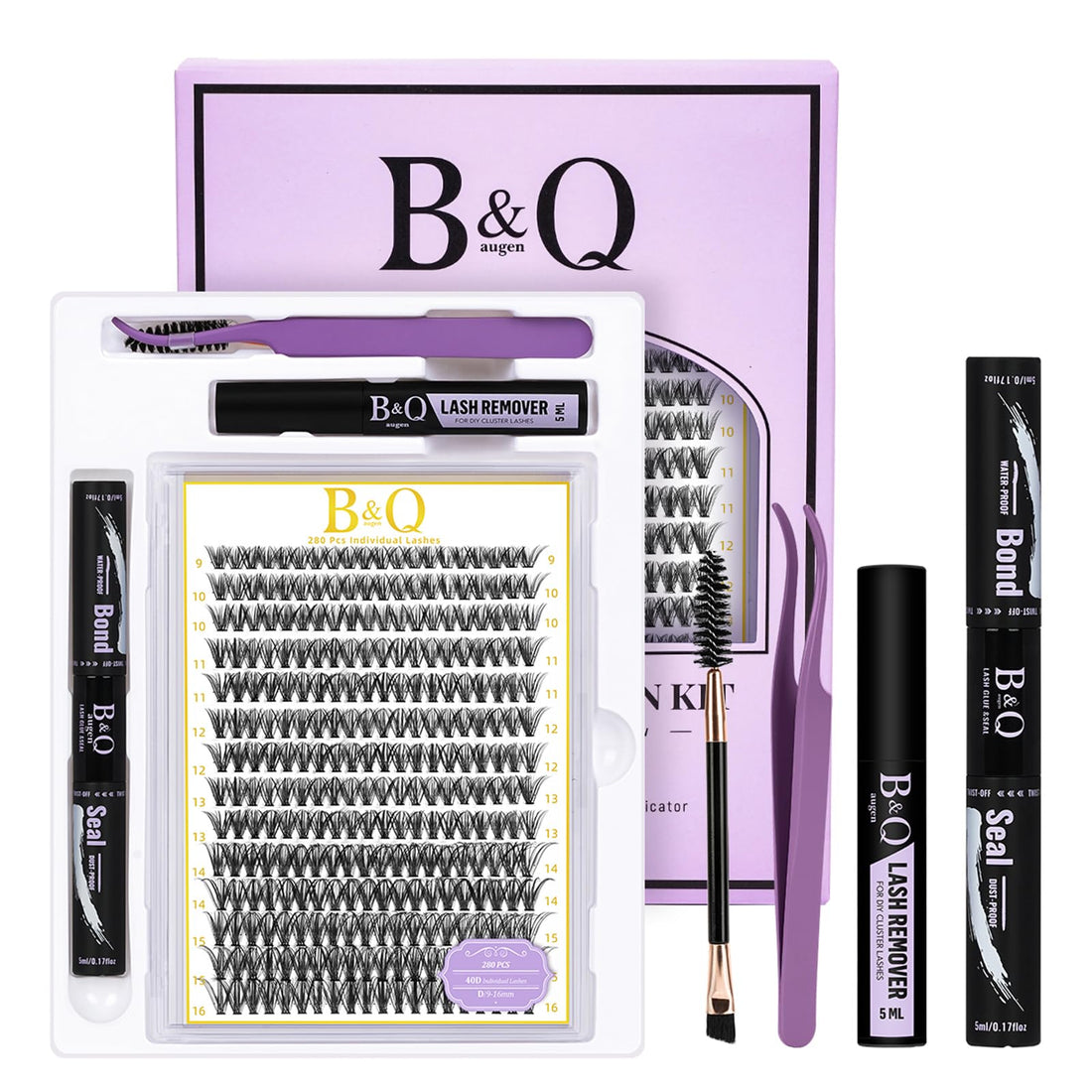 B&Qaugen Lash Cluster Kit Lash Extension Kit 280 PCS Individual Eyelash 40D-D-9-16MIX Cluster Eyelash Glue, Seal, Remover(40D-D-9-16MIX)