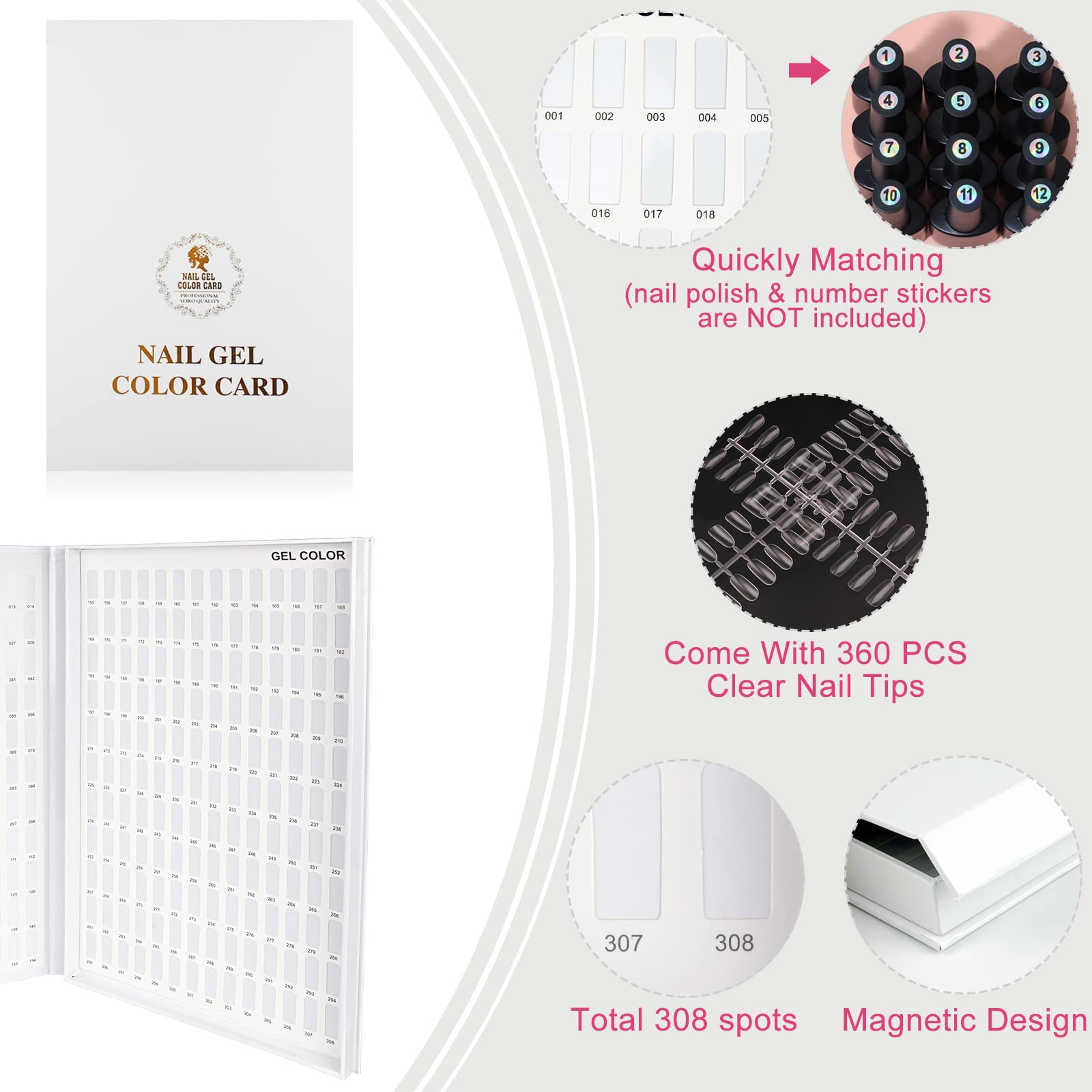 Nail Color Chart Display, Nail Gel Polish Display Nail Practice Design Board, Nail Swatch Book Display Nail Art for Nail Salons, DIY Nail Art at Home(308 Colors)