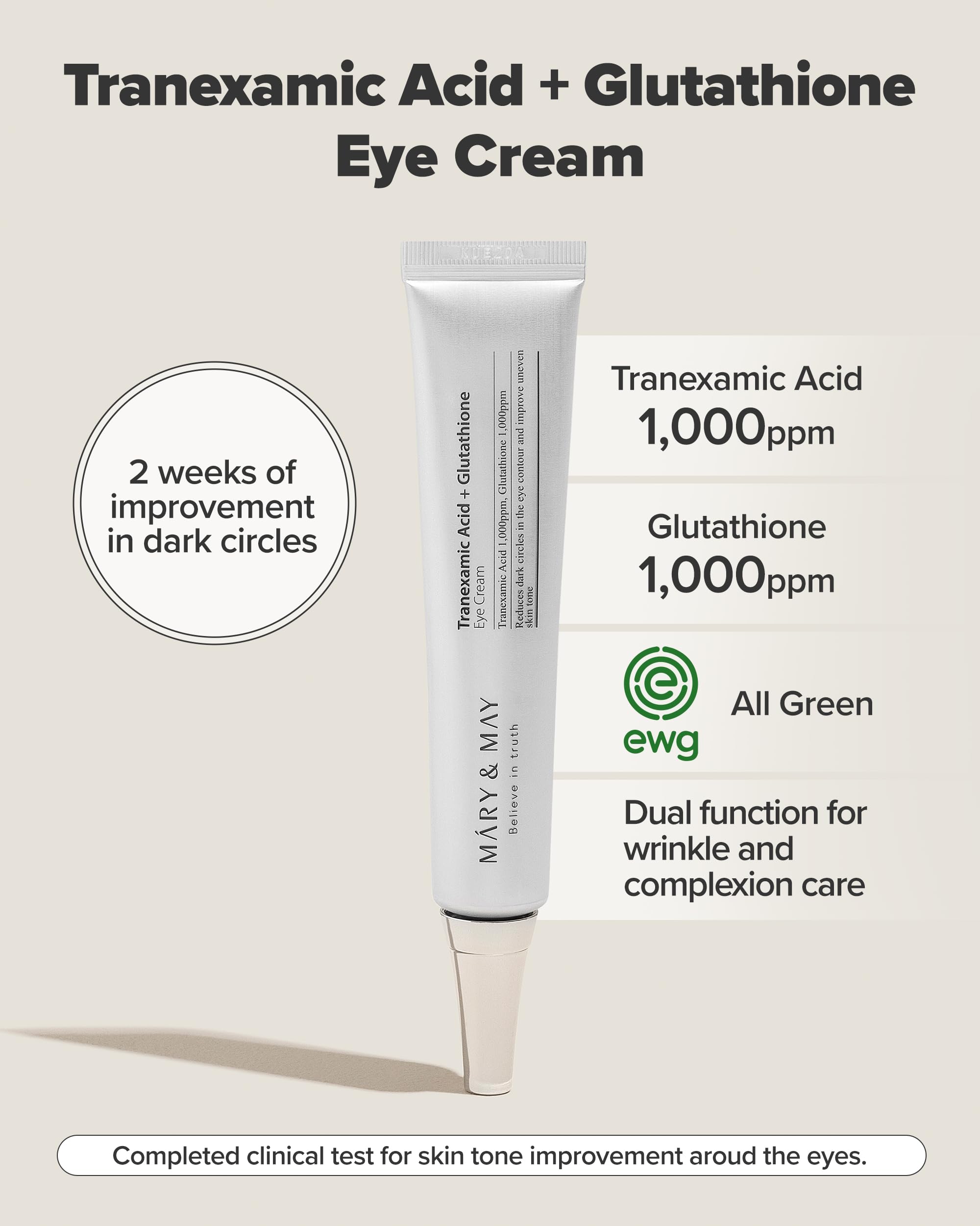 Mary&May Tranexamic Acid + Glutathione Eye Cream - Powerful Antioxidant, Reduces Dark Circles in the Eye, Improve Uneven Skin Tone with Vitamin C - Suitable for Morning and Night Use, 1.01 oz.